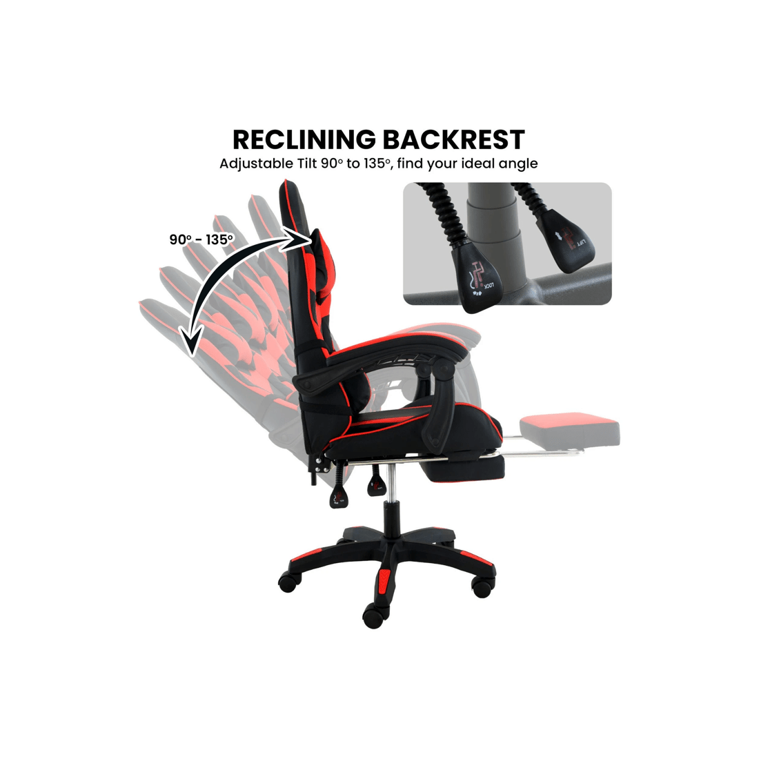 7 Sarantino Cueva Reclining High Back Office Gaming Chair with Retractable Footrest Office Computer Seating Black Red, 7 of 9
