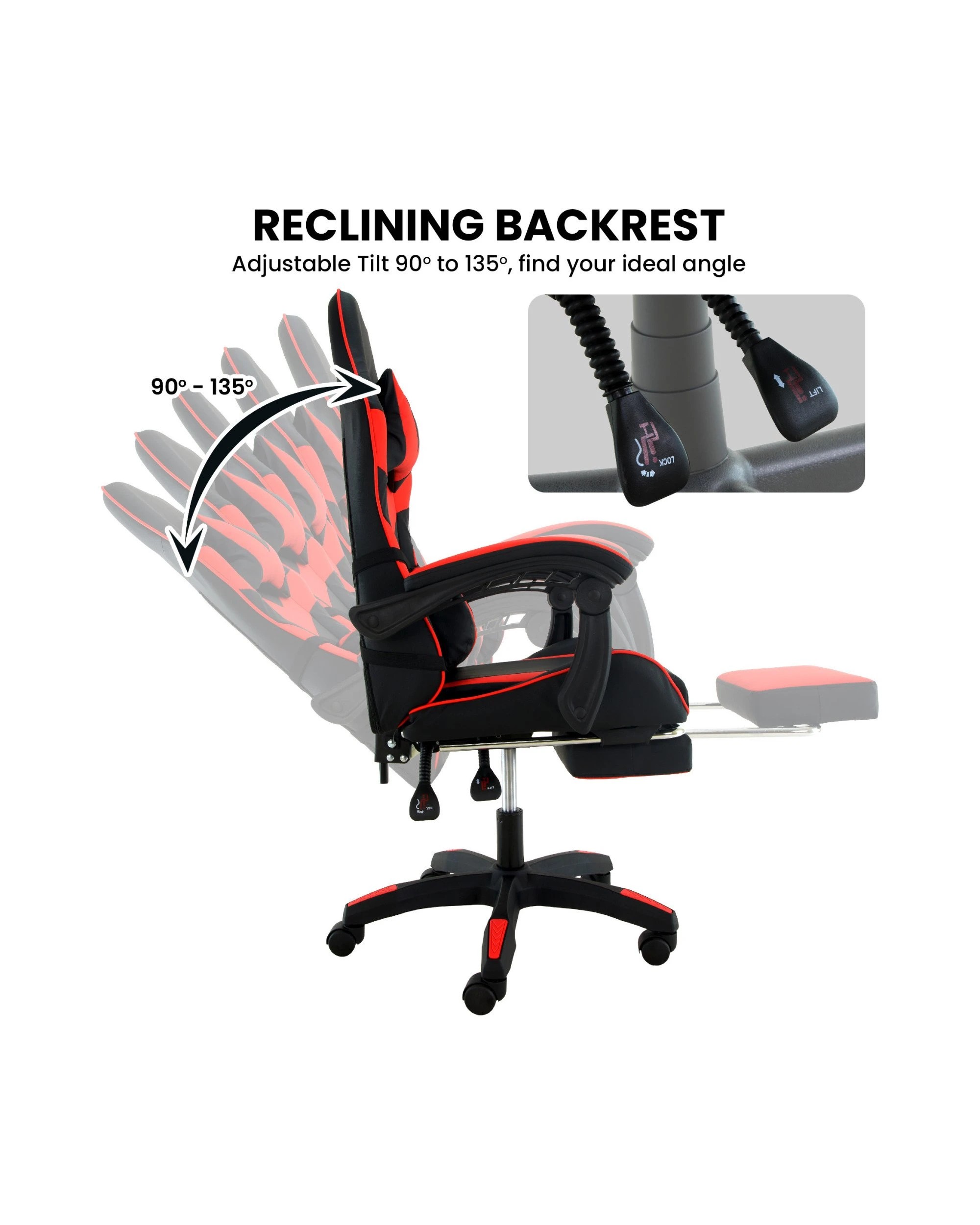 7 Sarantino Cueva Reclining High Back Office Gaming Chair with Retractable Footrest Office Computer Seating Black Red, 7 of 9