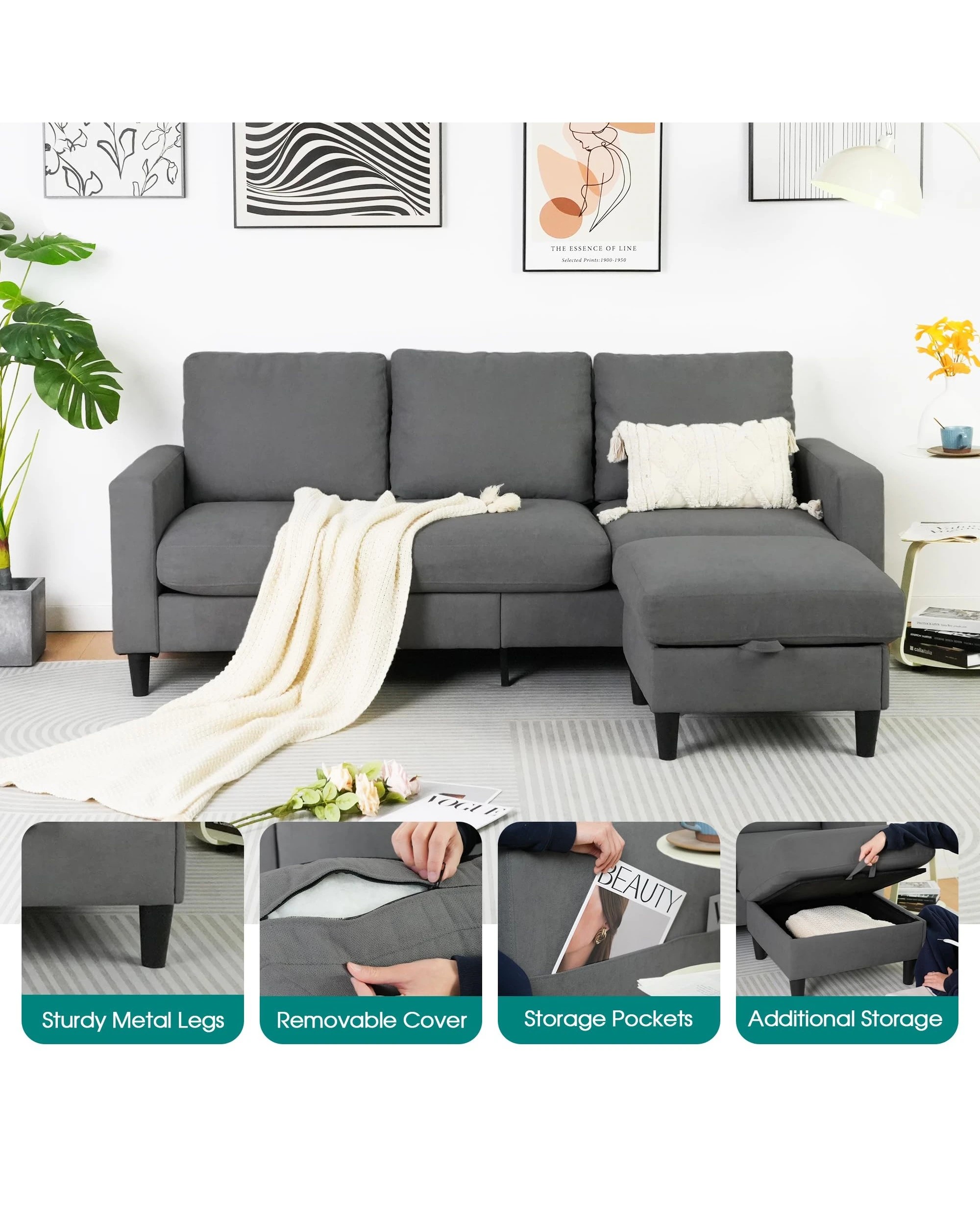4 Advwin 3 Seater Sofa Modular Corner Lounge Chaise Set With Storage Ottoman Grey, 4 of 9