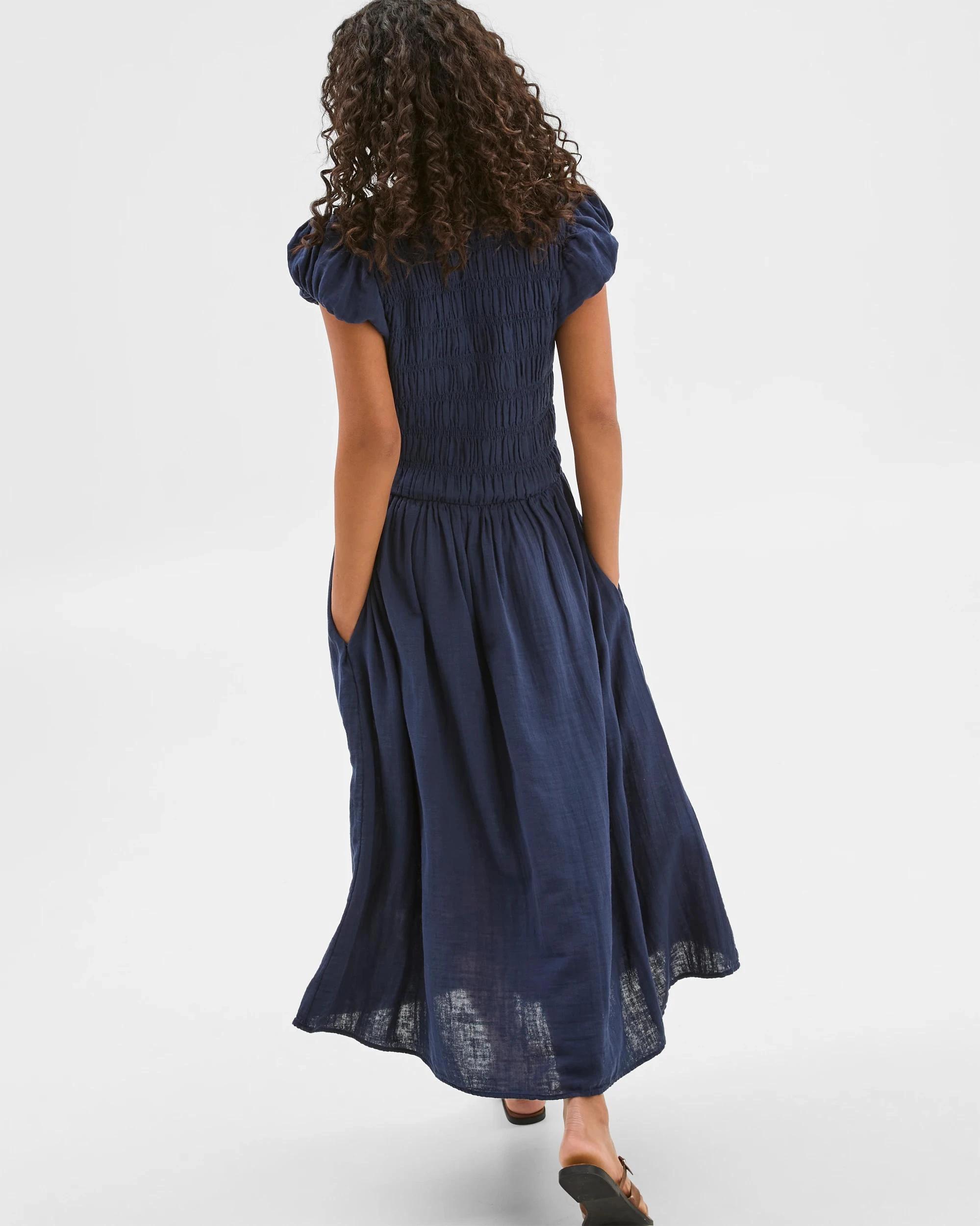 4 Target Woman Australian Cotton Double Cloth Shirred Dress NAVY BLUE, 4 of 7