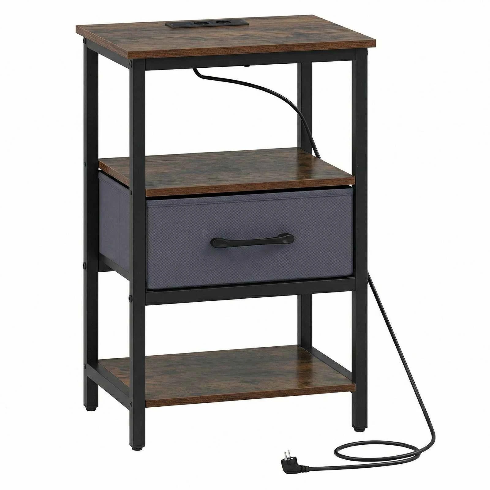 1 Costway Industrial Bedside Table Nightstand w/Drawer & Power Outlets, 1 of 4