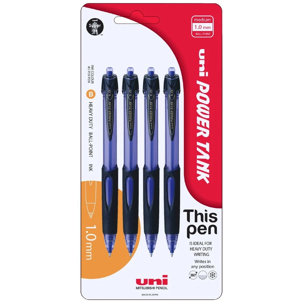 1 Uni Power Tank Retractable Ballpoint Pens Blue 4 Pack, 1 of 4