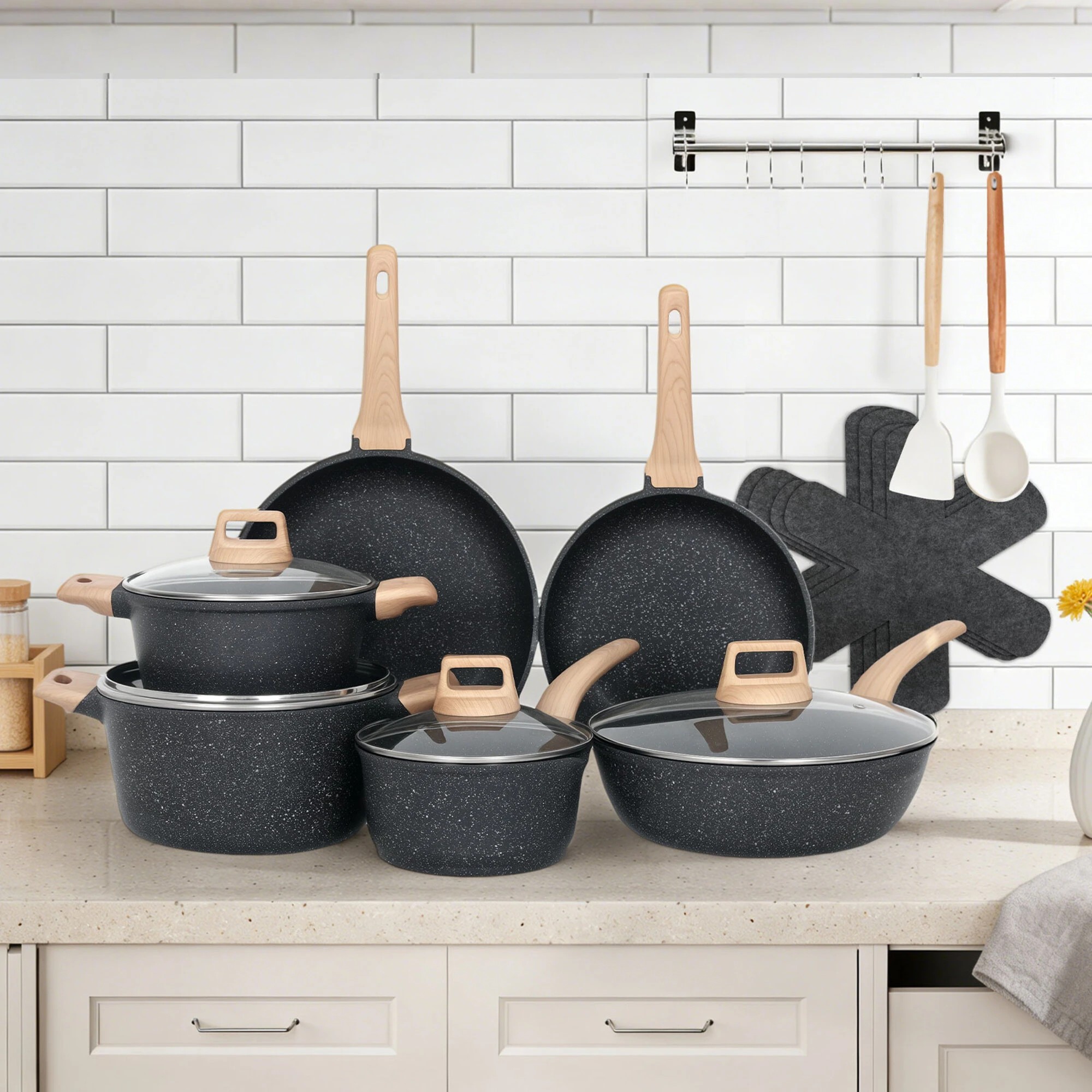 7 Toque 16-Piece Non Stick Cookware Set - Black, 7 of 9