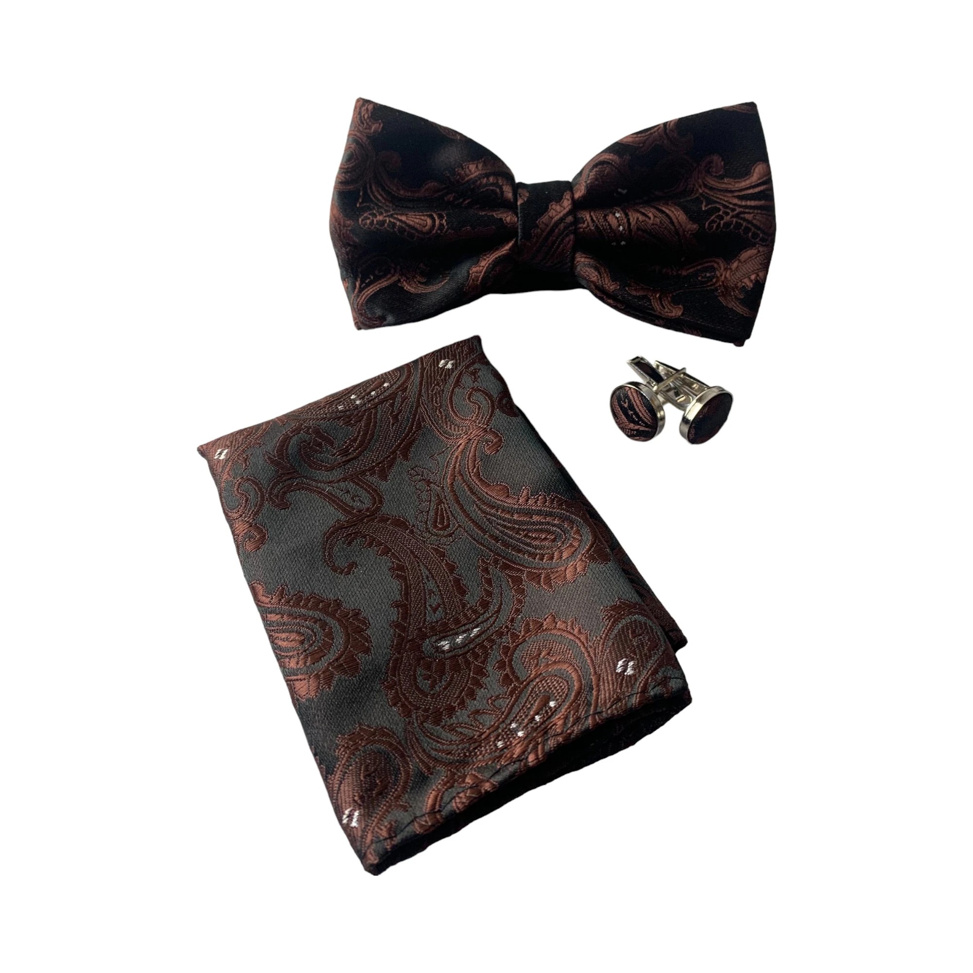 1 Zasel Mens Dark Brown Paisley Tinsel Matching Bow Tie, Pocket Square & Cuff Links Set - Multi, 1 of 4