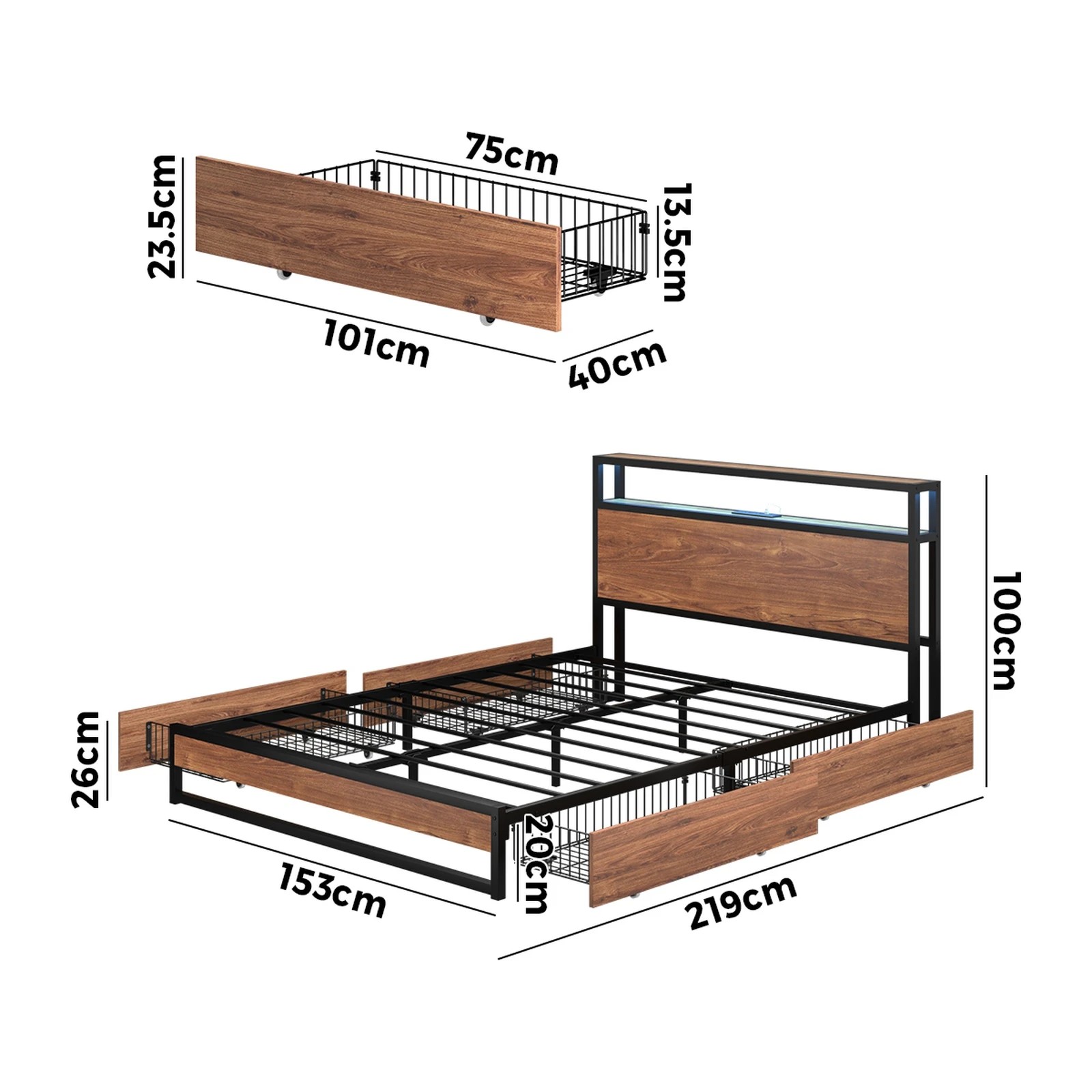 6 Oikiture Metal Bed Frame Queen Size With Led Headboard Storage Drawers Usb
 - Black, 6 of 6
