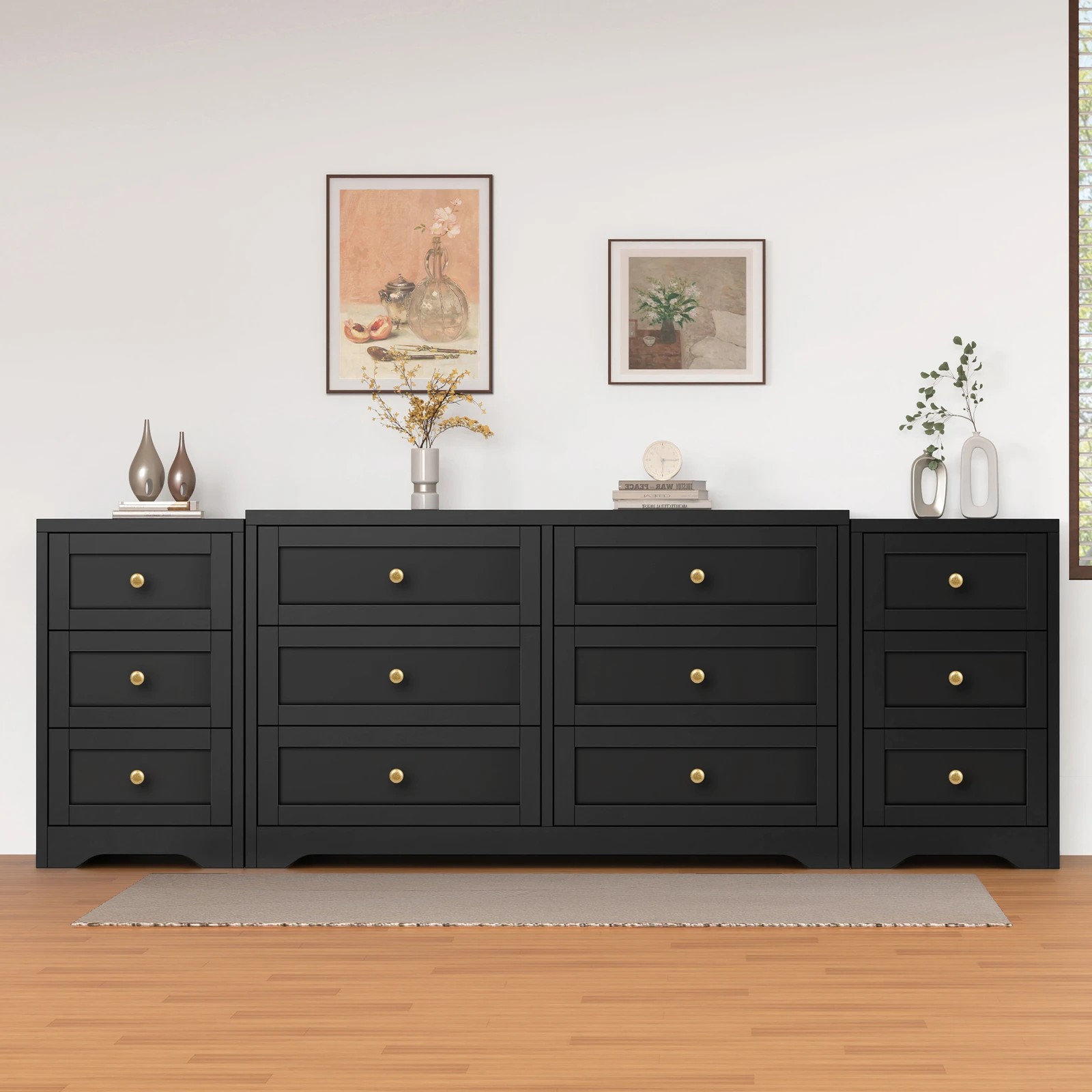 2 Alfordson 6 Chest of Drawers 2x Bedside Table Bedroom Storage Hamptons - Black, 2 of 10