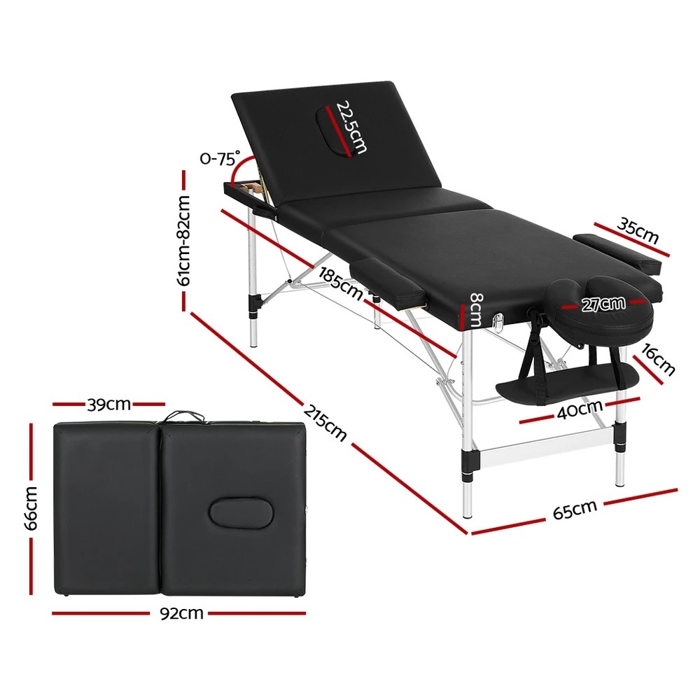 2 Zenses Massage Table 65cm Portable 3 Fold Aluminium Beauty Bed - Black, 2 of 6
