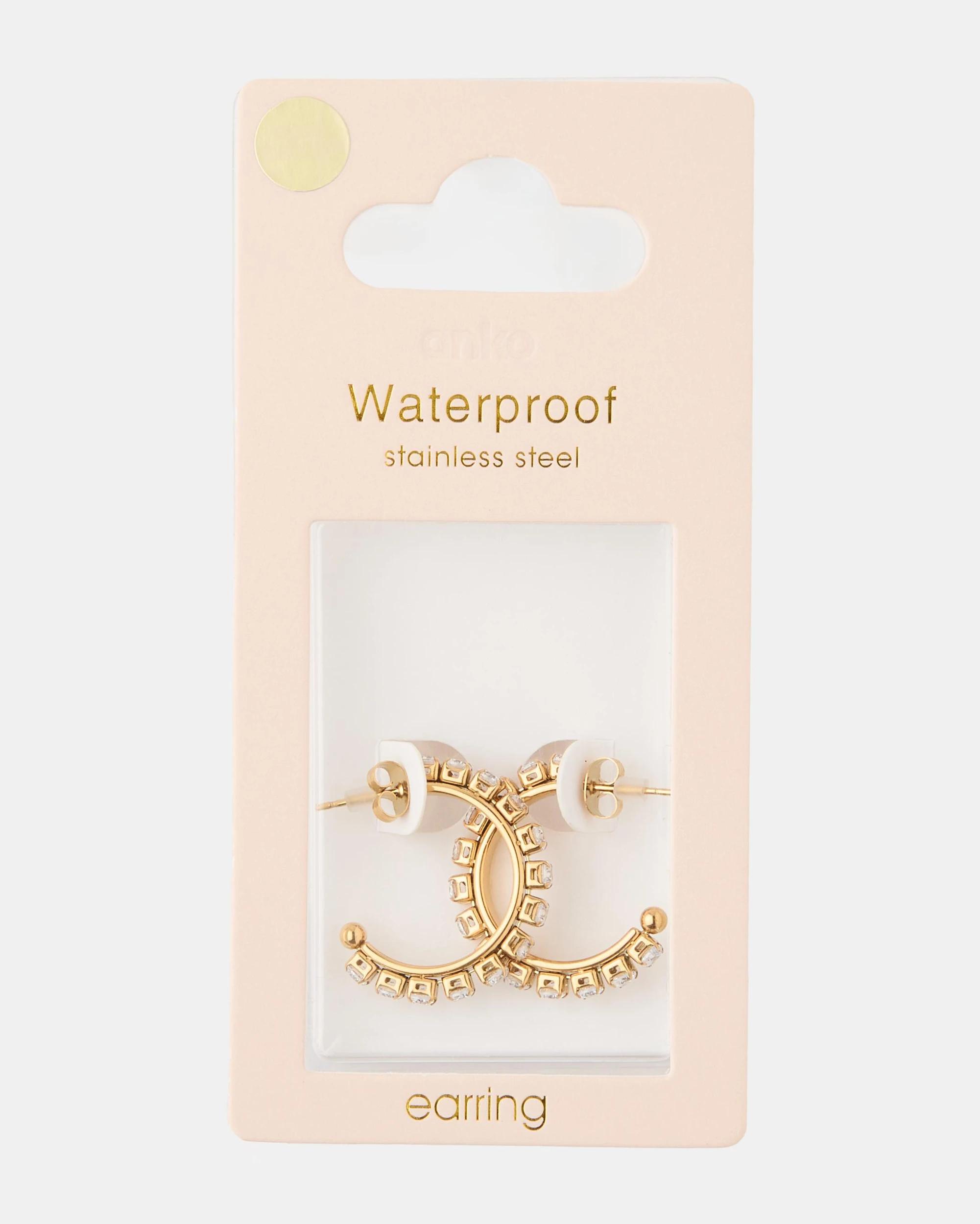 4 Waterproof Stainless Steel Diamante Hoop Earrings - Gold Tone Gold, 4 of 5