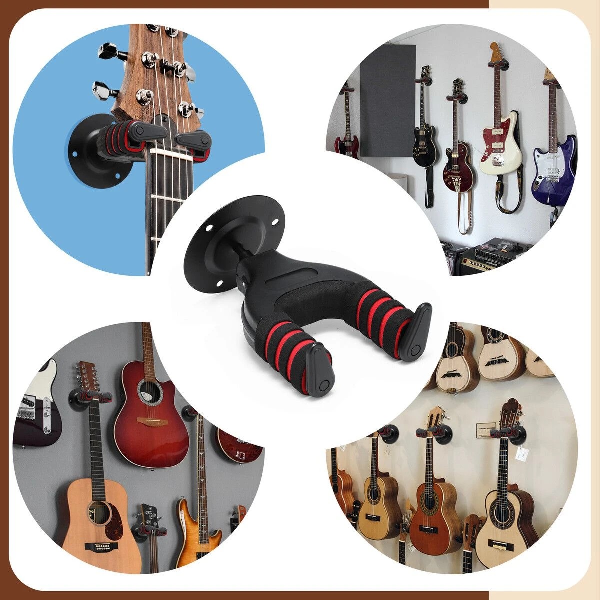 3 AUSWAY Guitar Wall Mount Holder Ukulele Hanger Mandolin Musical String Instrument Display Hanging Hook System Black, 3 of 5