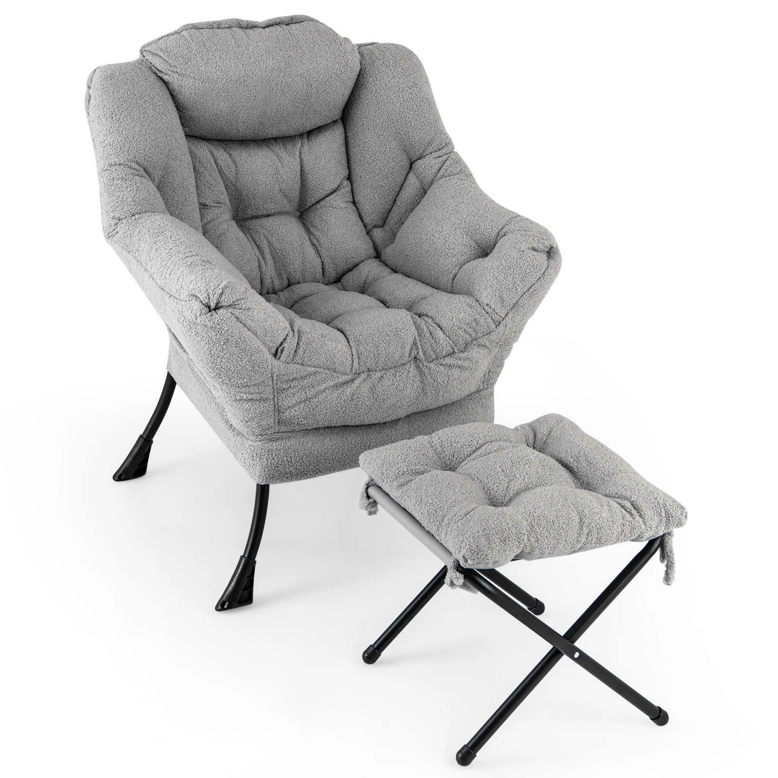 1 Costway Upholstered Lounge Chair Ottoman Modern Sofa Accent Armchair Couch w/Folding Footstool - Grey, 1 of 4