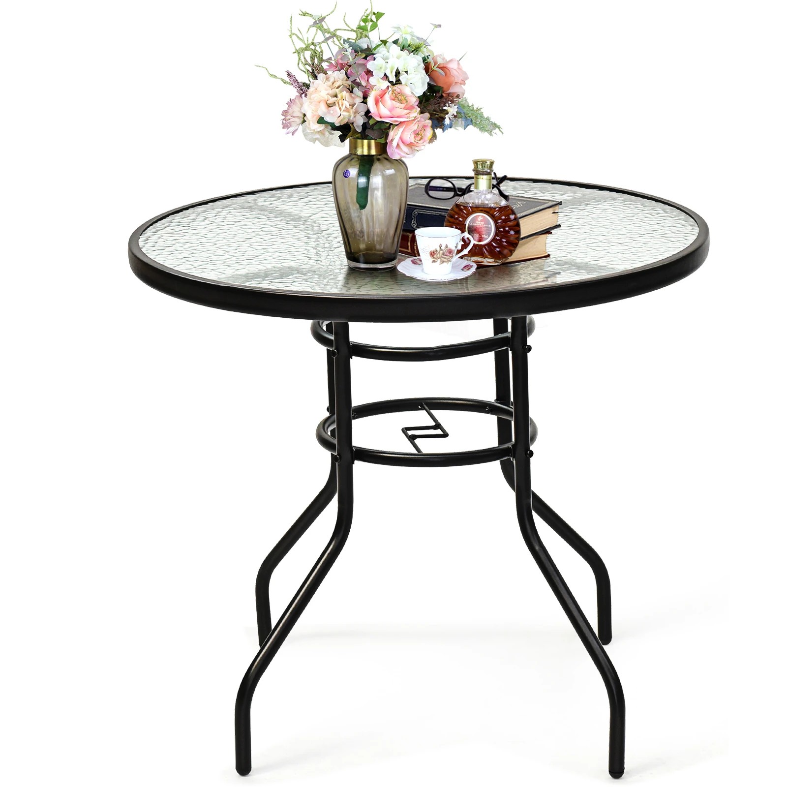 4 Costway Outdoor Table Coffee Tea Table Glass Tabletop w/Umbrella Hole, 4 of 4