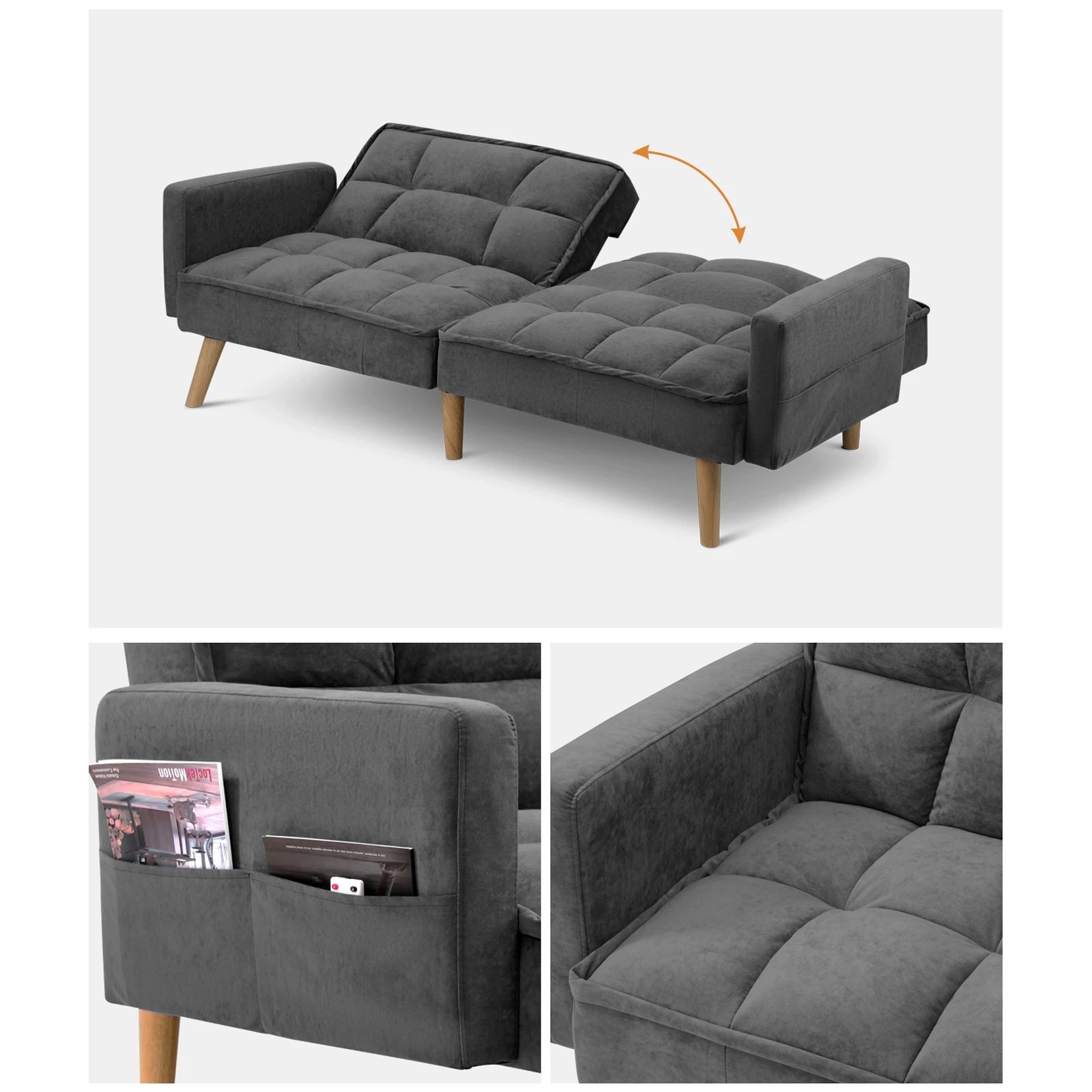 5 Oikiture Sofa Bed Futon Convertible Velvet Lounge Couch 3-seater Recliner
 - Grey, 5 of 10