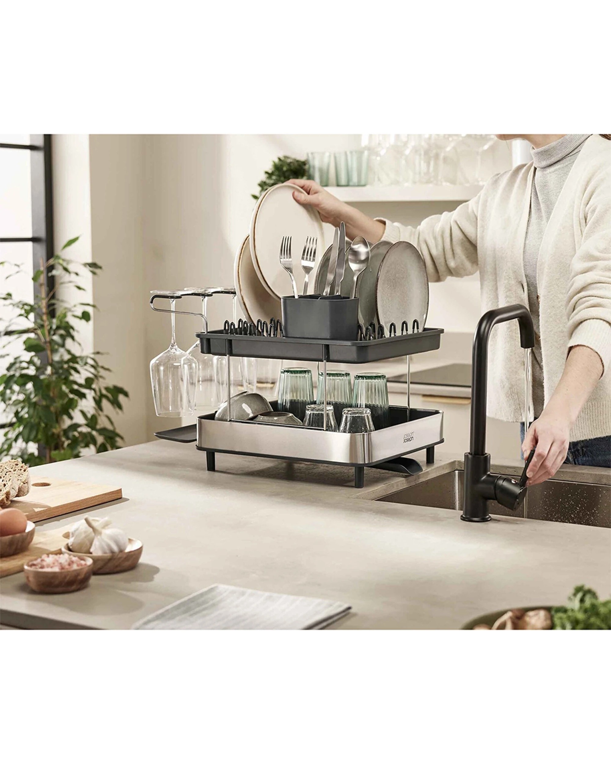 2 Joseph Joseph Excel Steel 2-Tier Dish Rack With Wine Glass Holder - Multi, 2 of 6