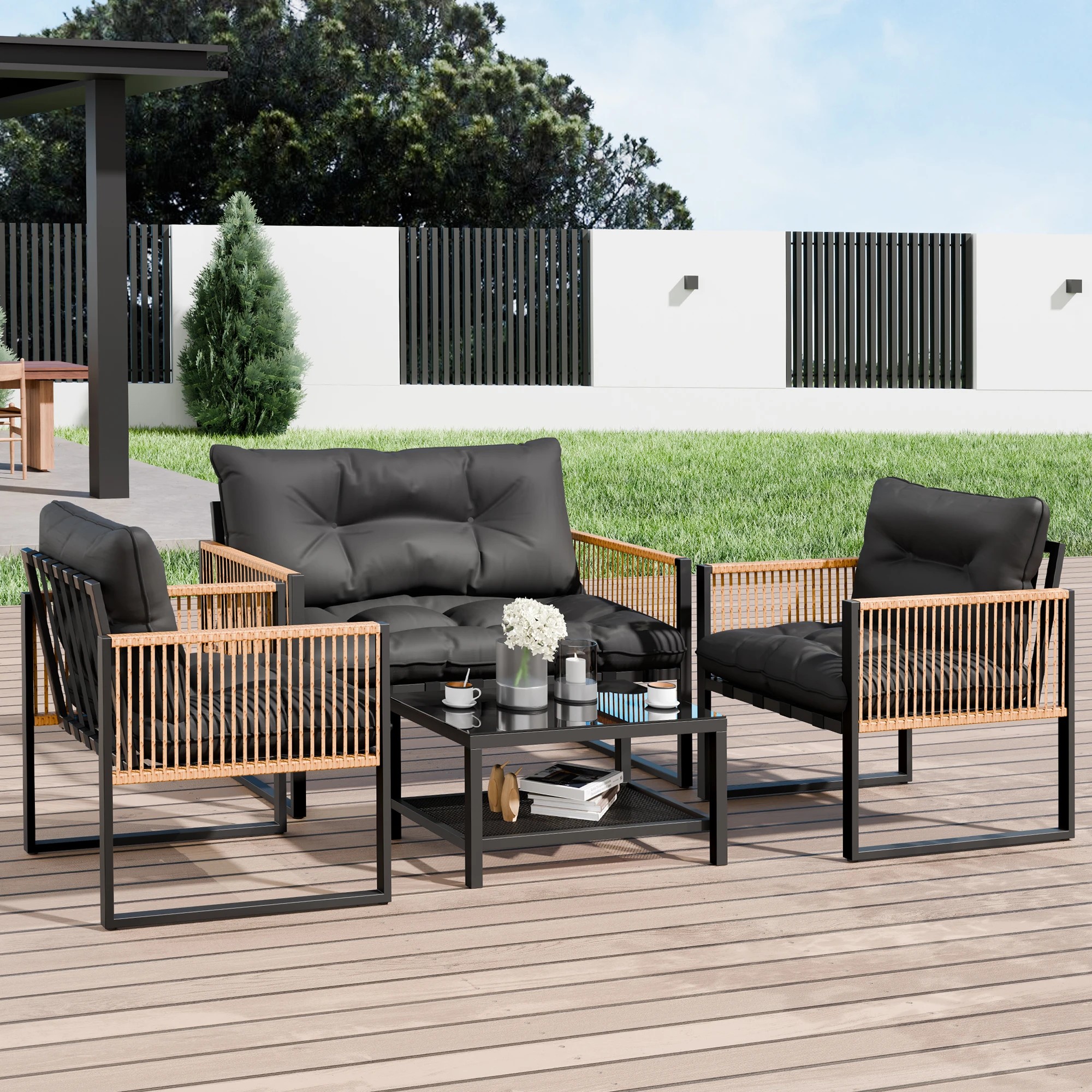 10 Alfordson 4PCS Outdoor Furniture Lounge Set Wicker Table and Chairs Garden - Black Grey, 10 of 10