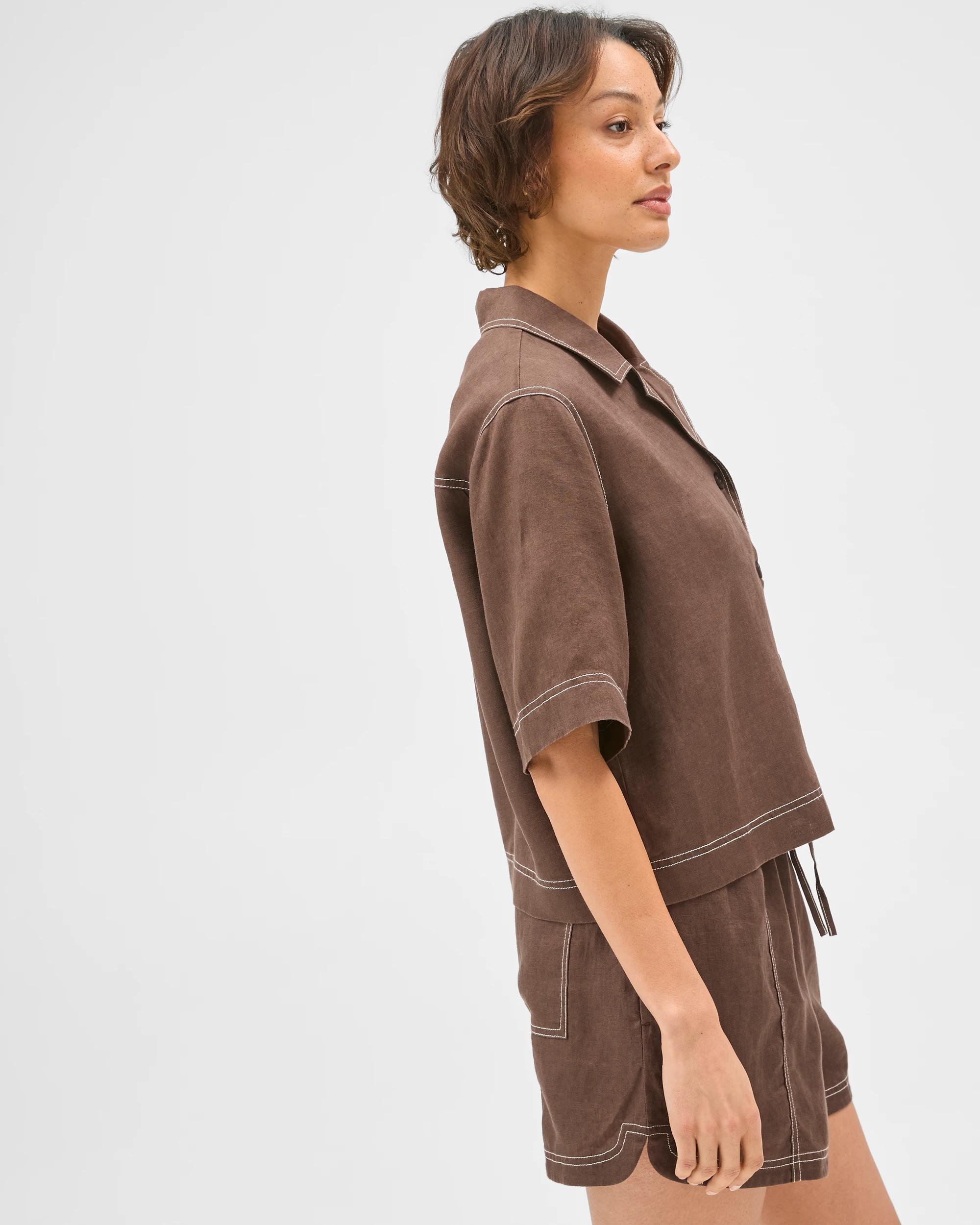 4 Target Woman European Linen Short Sleeve Stitch Detail Shirt COFFEE BEAN, 4 of 7