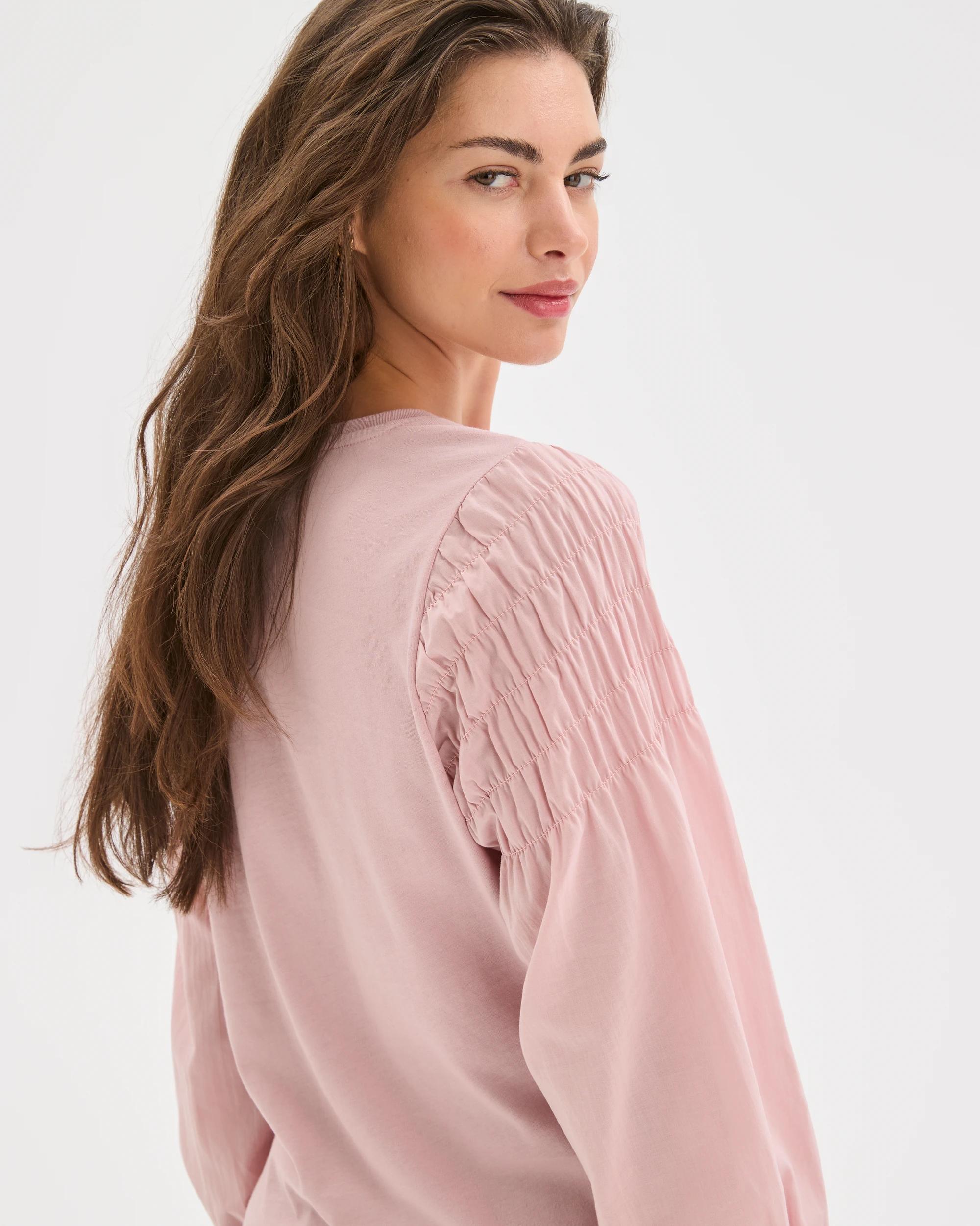 7 Target Petites Australian Cotton Long Sleeve Smocked Knit/Woven Top SOFT BLUSH, 7 of 7
