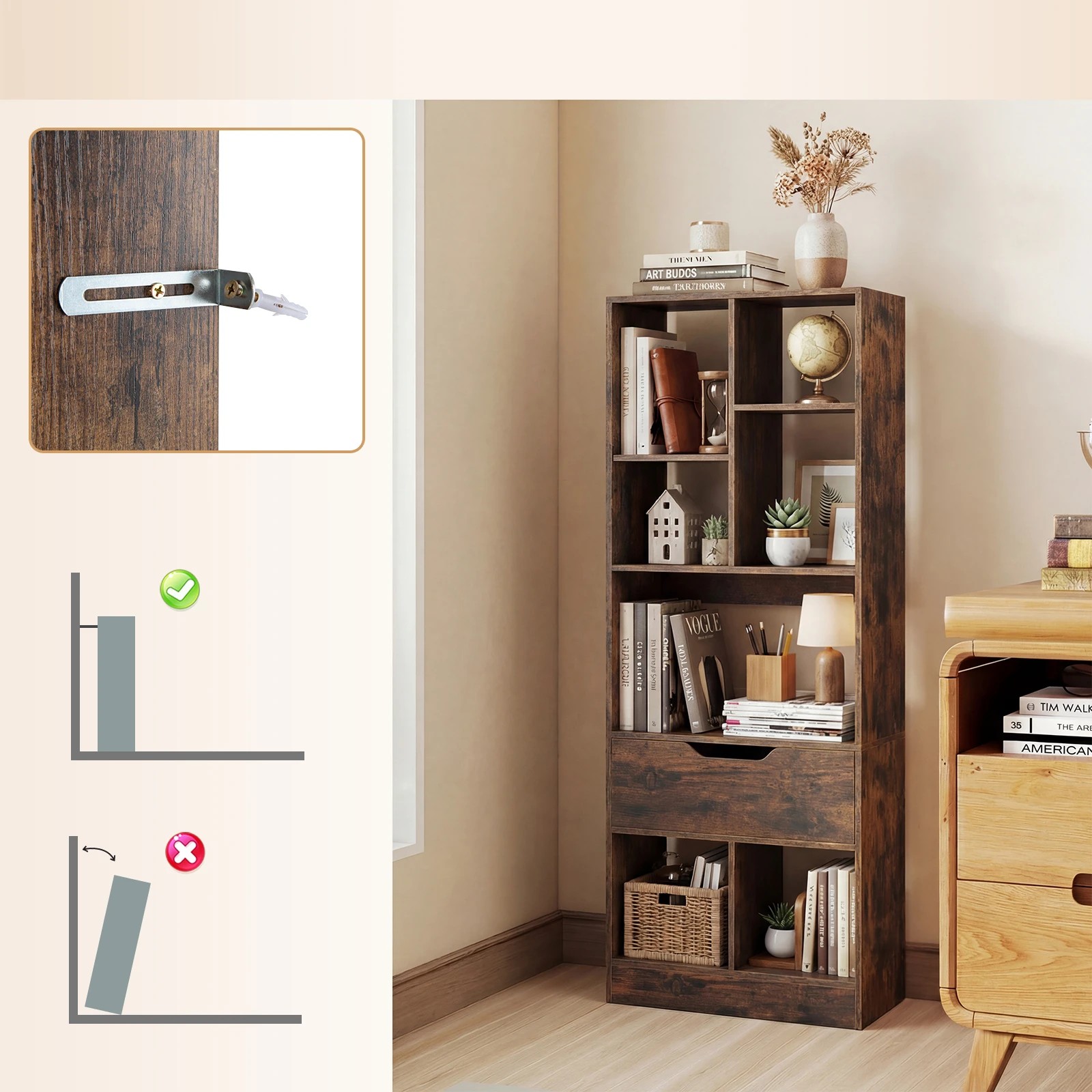 4 Costway 7 Cube Tall Bookshelf Bookcase w/Drawer Floor Display Rack Home Office - Brown, 4 of 5