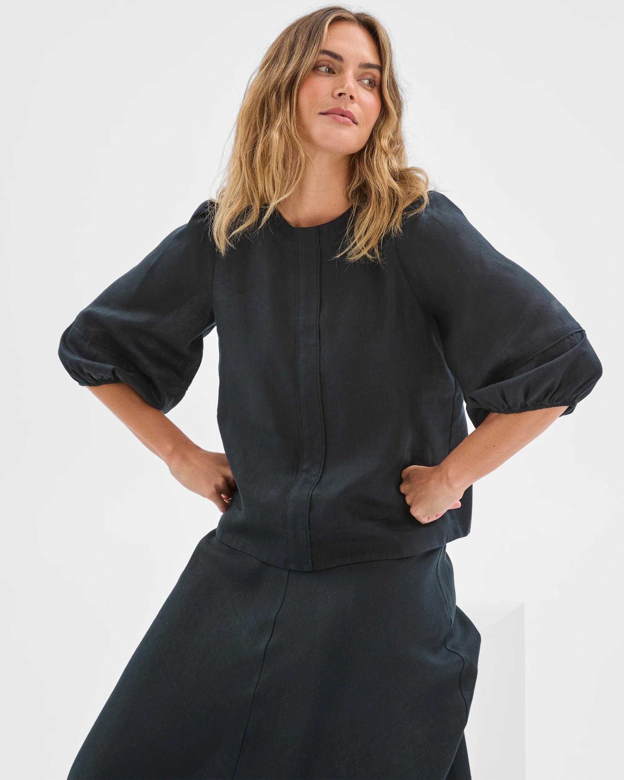 2 Target Woman European Linen Femme Popover Blouse BLACK, 2 of 6