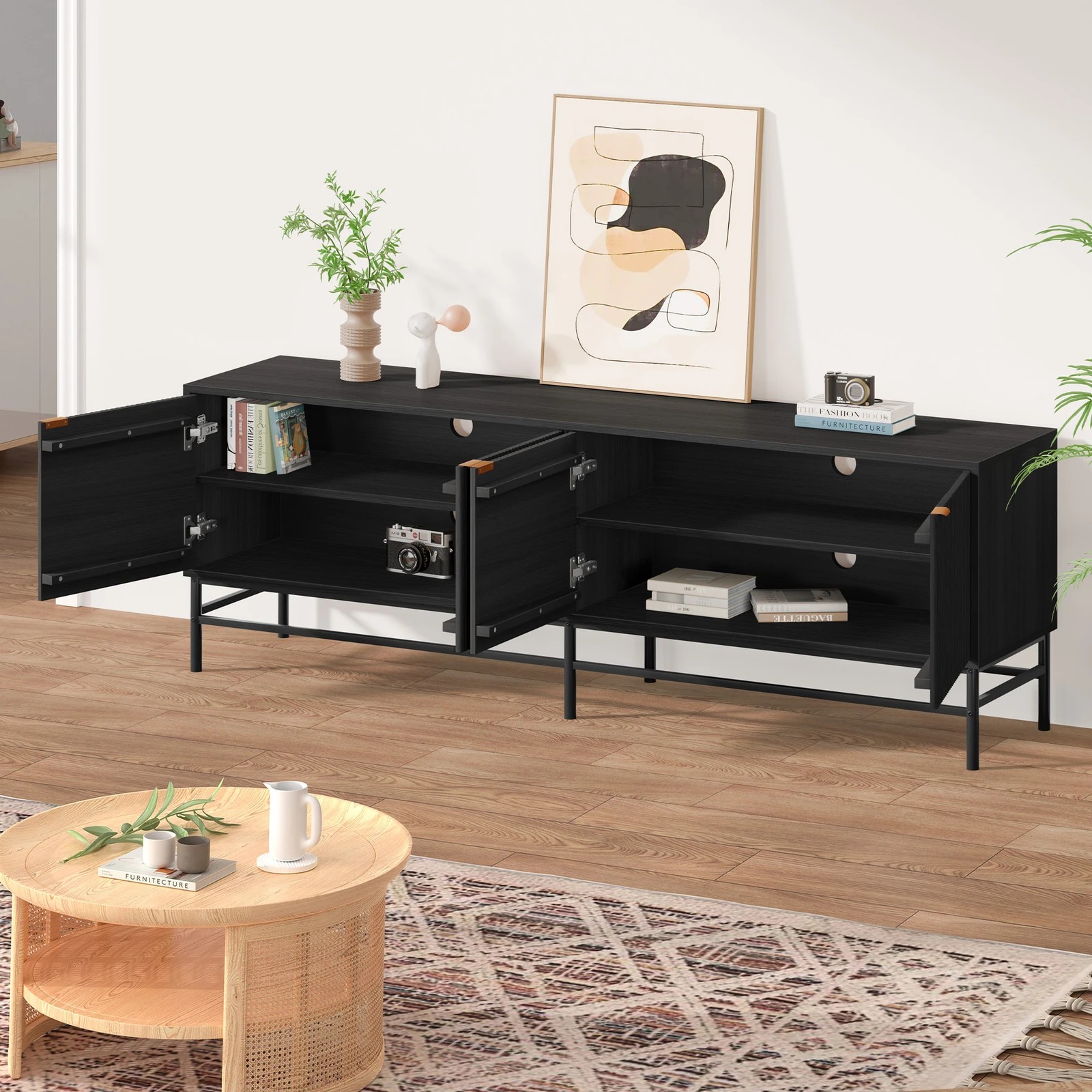 6 Alfordson Entertainment Unit 180cm TV Cabinet Stand Storage Doors Shelf - Black, 6 of 10