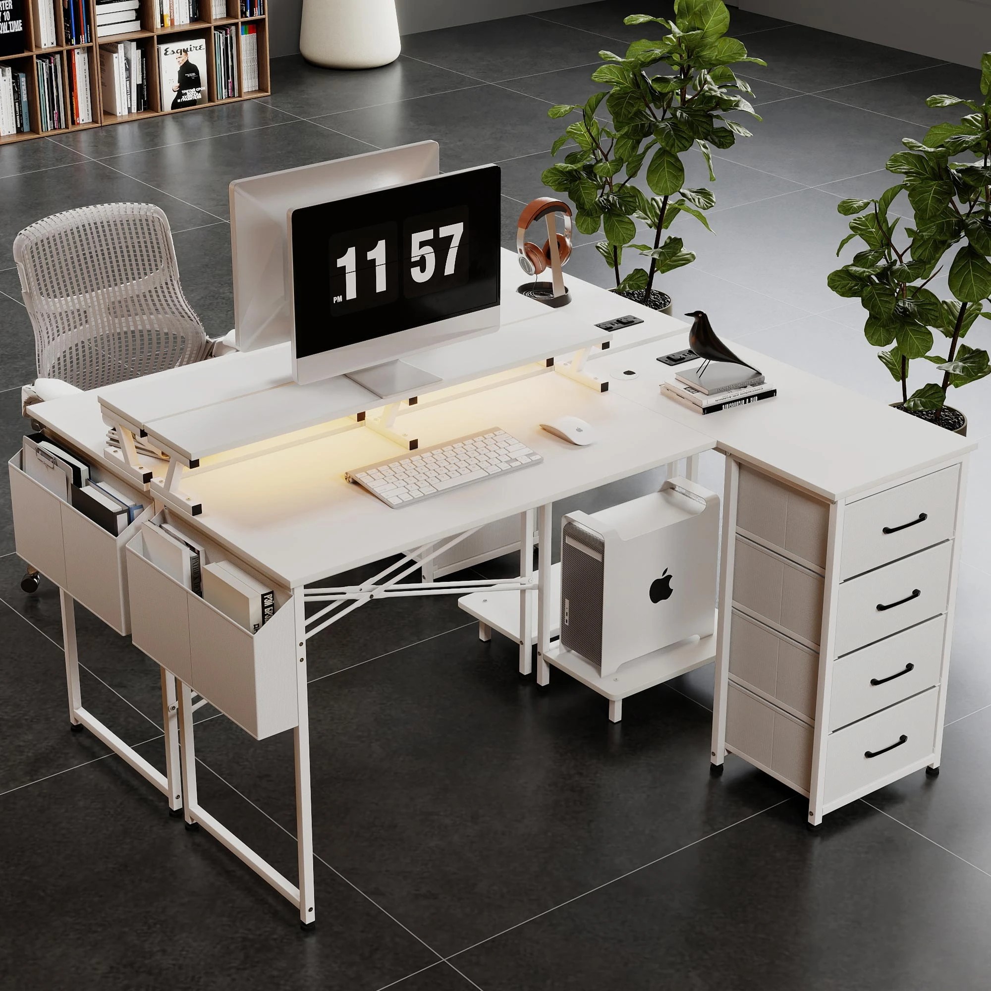 8 Levede L Shaped Gaming Desk with LED Storage Drawers Power Outlet - White, 8 of 9