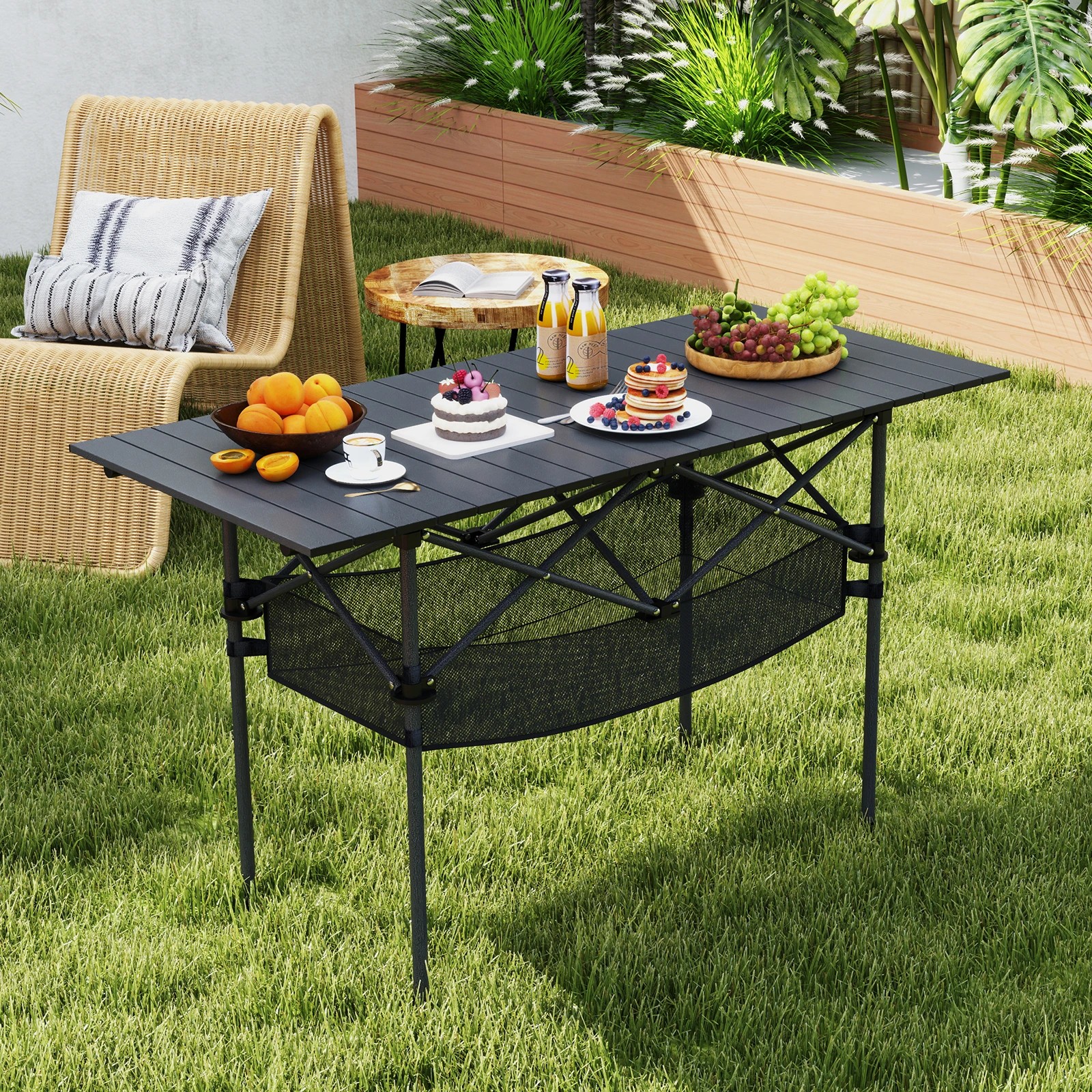 2 Costway Patio Folding Camping Table Aluminum Roll-up Picnic Table w/Portable Carry Bag - Black, 2 of 3