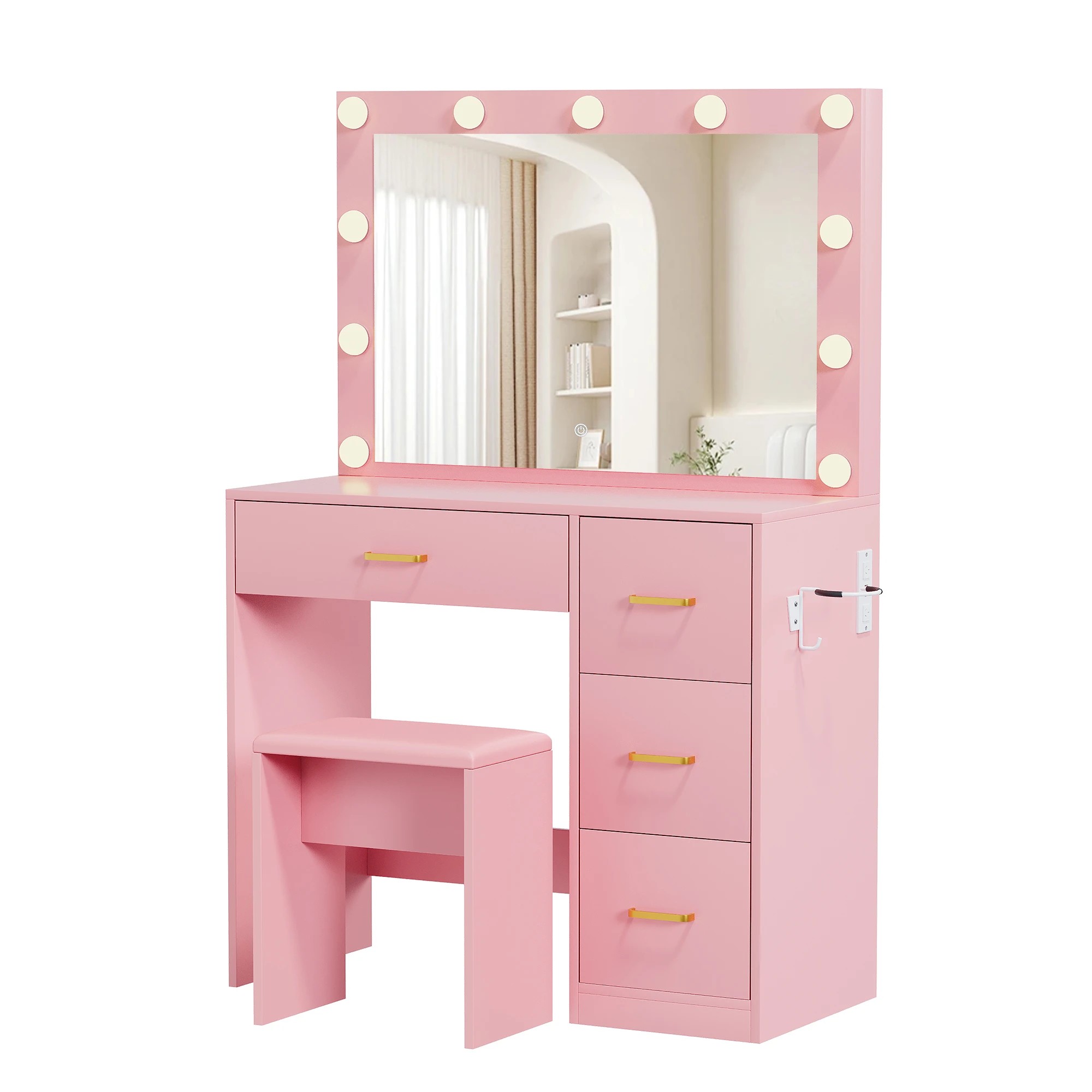 1 Advwin Makeup Vanity Desk with Mirror and 11 Light Bulbs Charging Station - Pink, 1 of 9