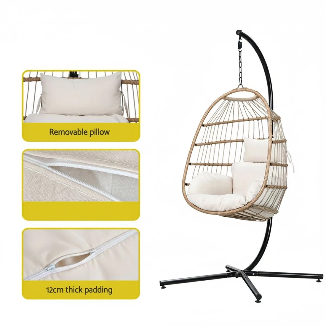 3 Gardeon Outdoor Egg Swing Chair Wicker Rope Furniture Pod Stand Foldable - Multi, 3 of 5