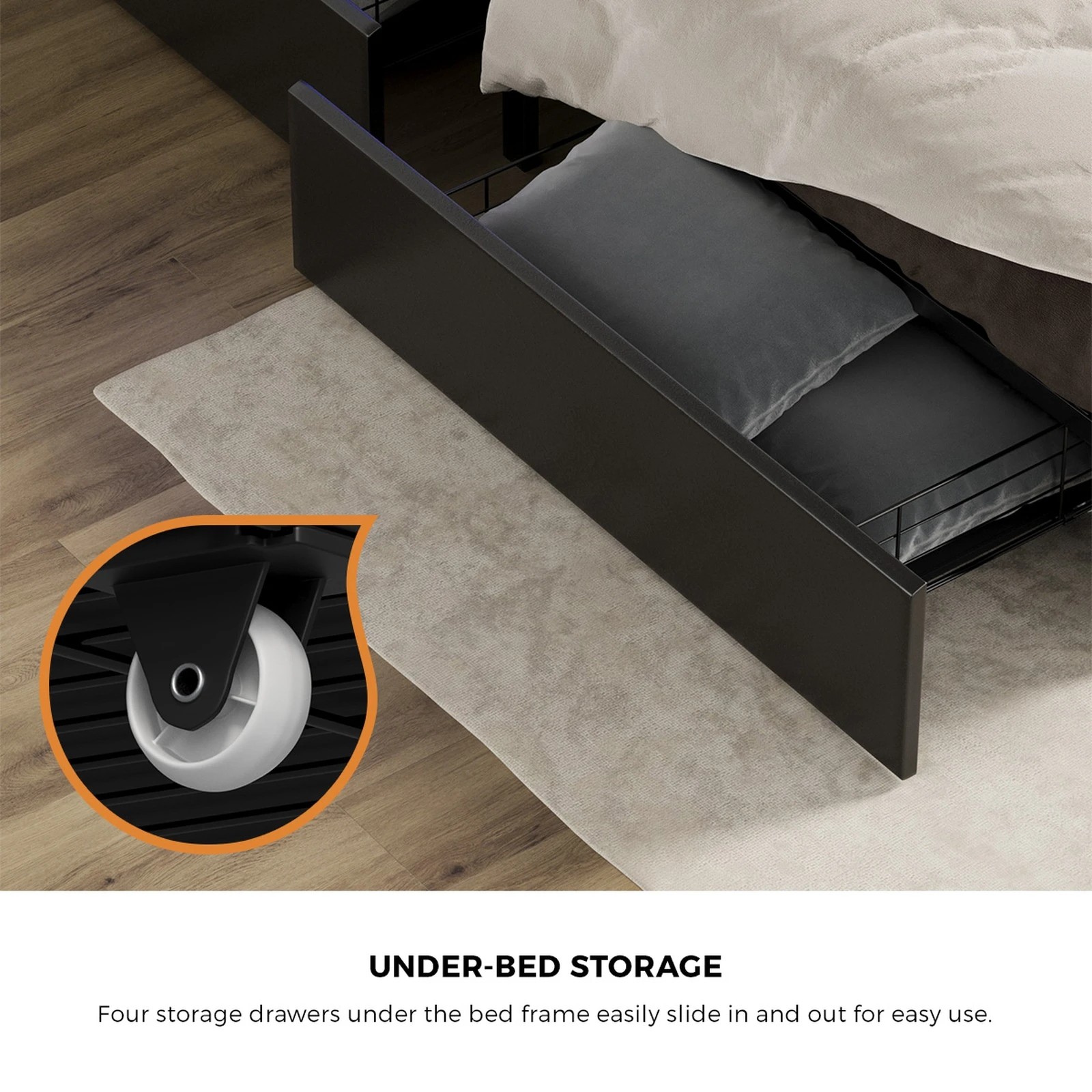 3 Oikiture 4x Trundle Drawers for Bed Frame Base Storage with Wheels - Black, 3 of 9