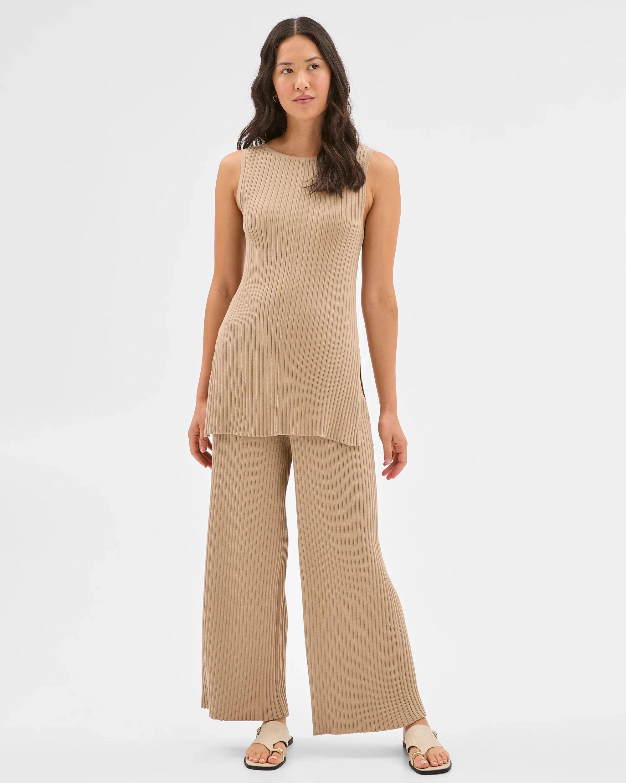 3 Target Ribbed Wide Leg Knit Pants SAND, 3 of 6