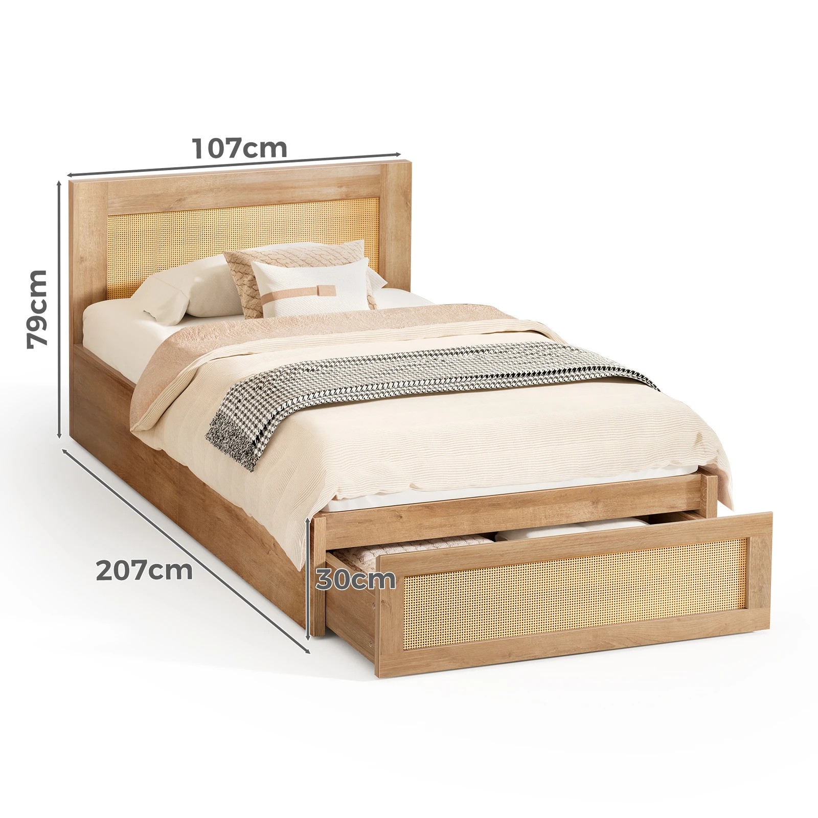 2 Alfordson Wooden Bed Frame King Single Rattan Bed Base with Storage Drawer - Oak, 2 of 10