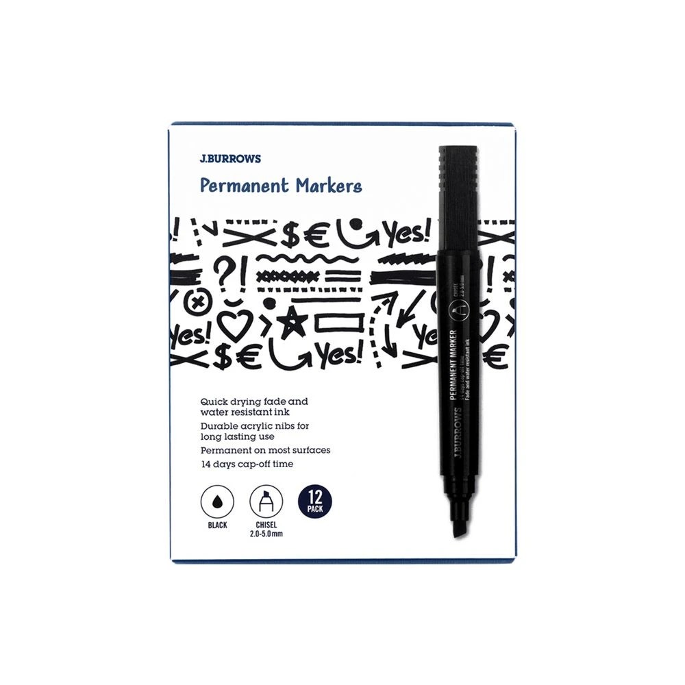 1 J.Burrows Permanent Markers Chisel Black 12 Pack, 1 of 4