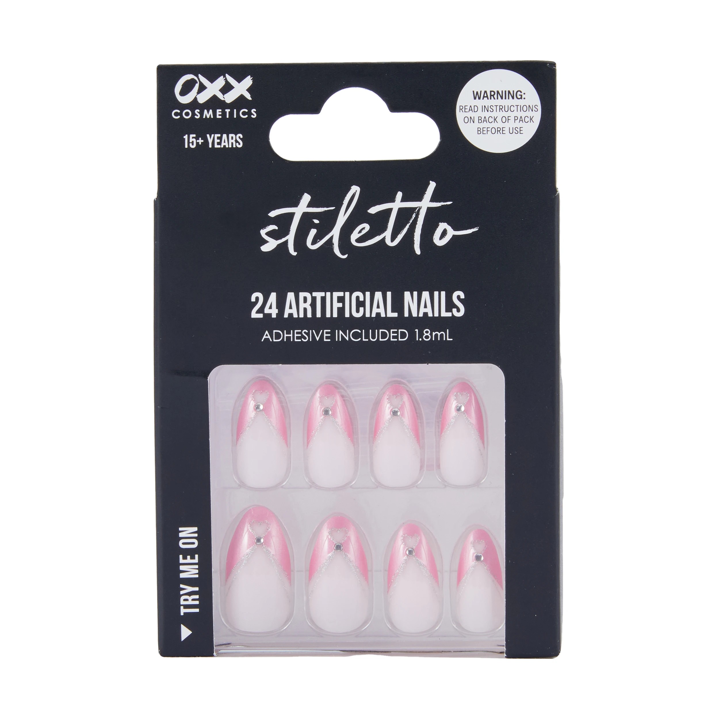 1 OXX Cosmetics 24 Pack Artificial Nails with Adhesive - Stiletto Shape, Pink Ribbon, 1 of 4