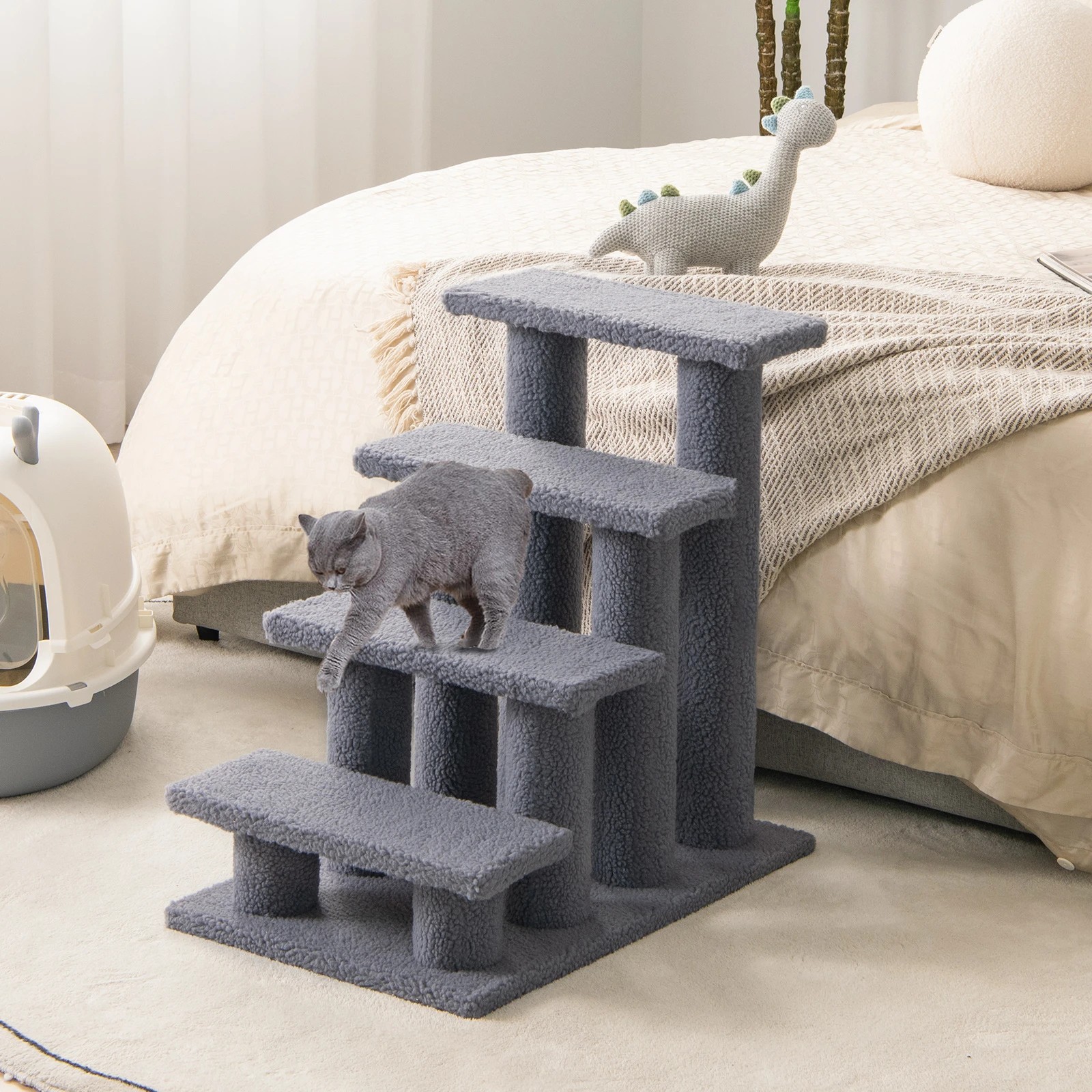 2 Costway 4-Step Pet Stairs Carpeted Cat Scratching Post Pet Ramp - Grey, 2 of 3
