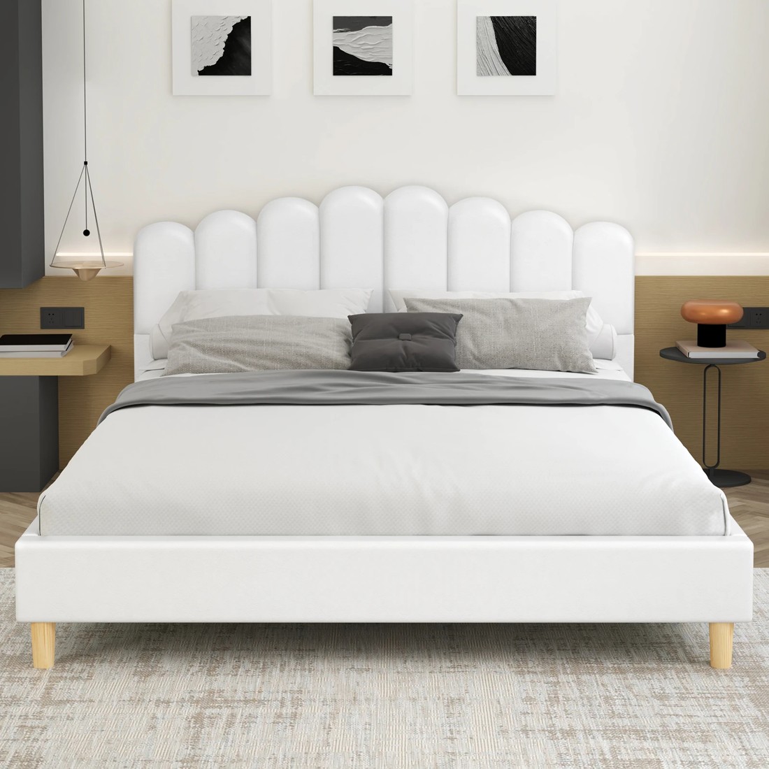 3 Alfordson Bed Frame Double Size Upholstered Platform Base Leather Tania - White, 3 of 10