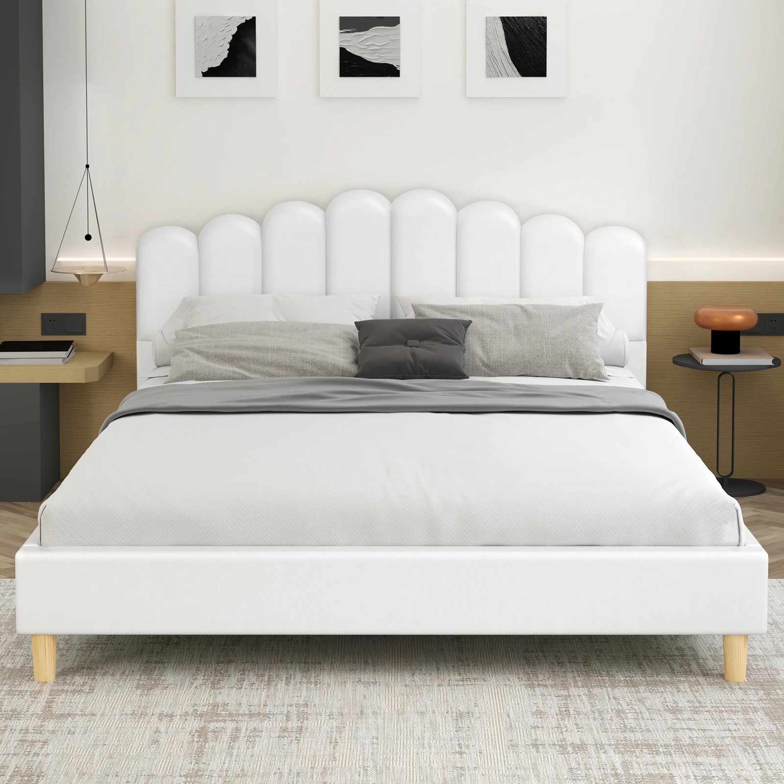 3 Alfordson Bed Frame Double Size Upholstered Platform Base Leather Tania - White, 3 of 10