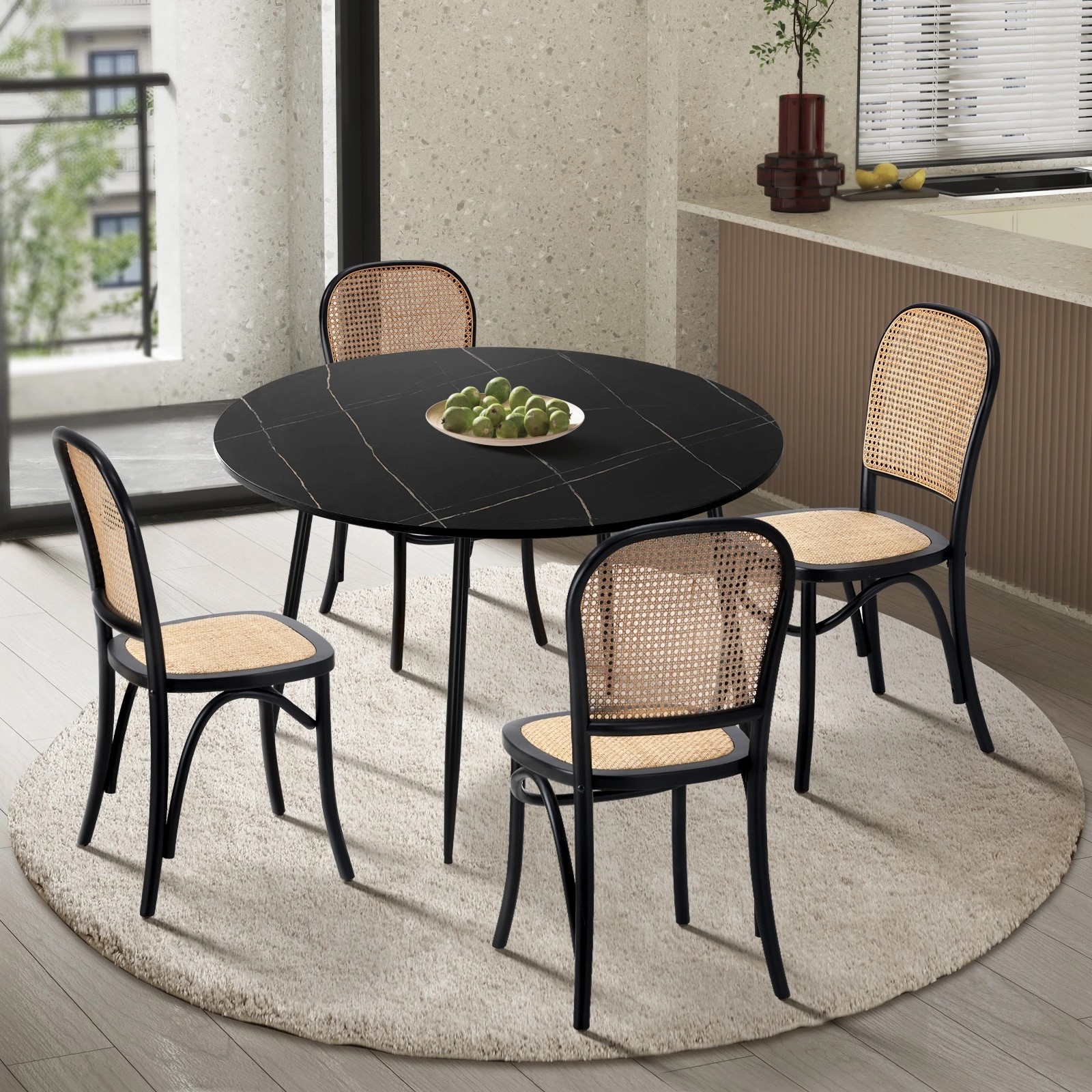 3 Oikiture 110cm Round Dining Table with 4PCS Dining Chairs Wooden - Black, 3 of 9