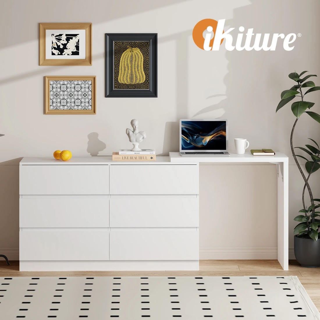 5 Oikiture 6 Chest Of Drawers Dresser With Side Table Storage
 - White, 5 of 9