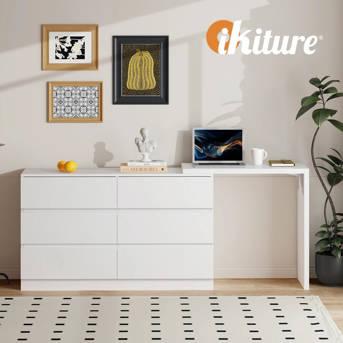 5 Oikiture 6 Chest Of Drawers Dresser With Side Table Storage
 - White, 5 of 9