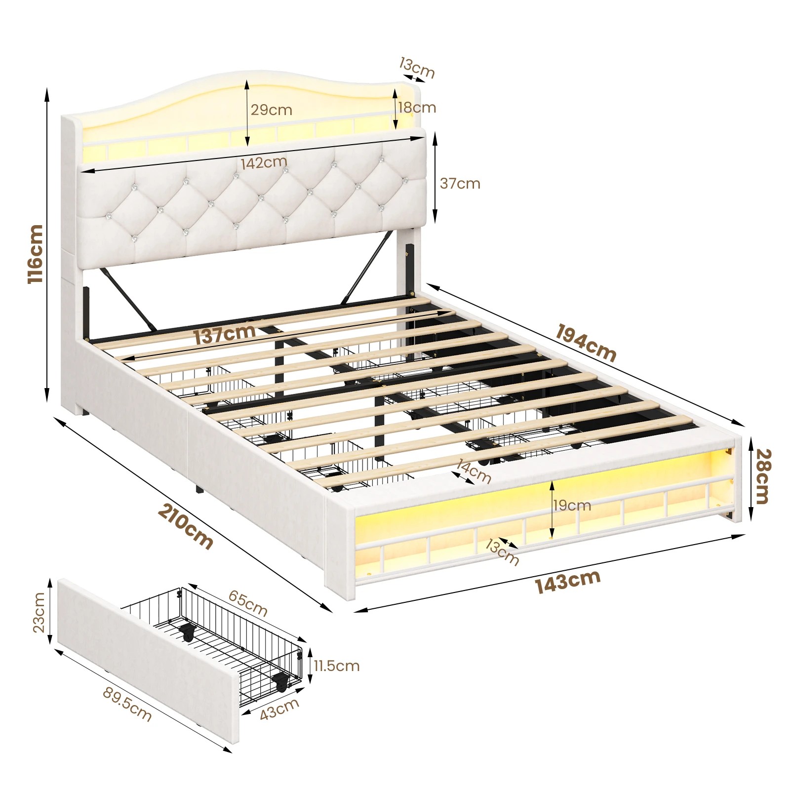 3 Advwin Double Size Velvet Princess Bed Frame with LED Lights, Charging Station & 4 Drawers - Beige, 3 of 8
