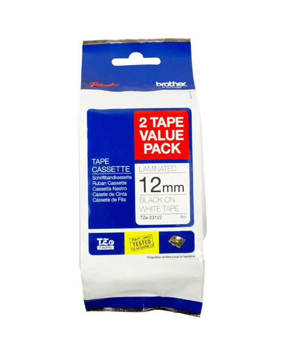 Brother TZe-231 Laminated Tape 12mm x 8m Black on White 2 Pk