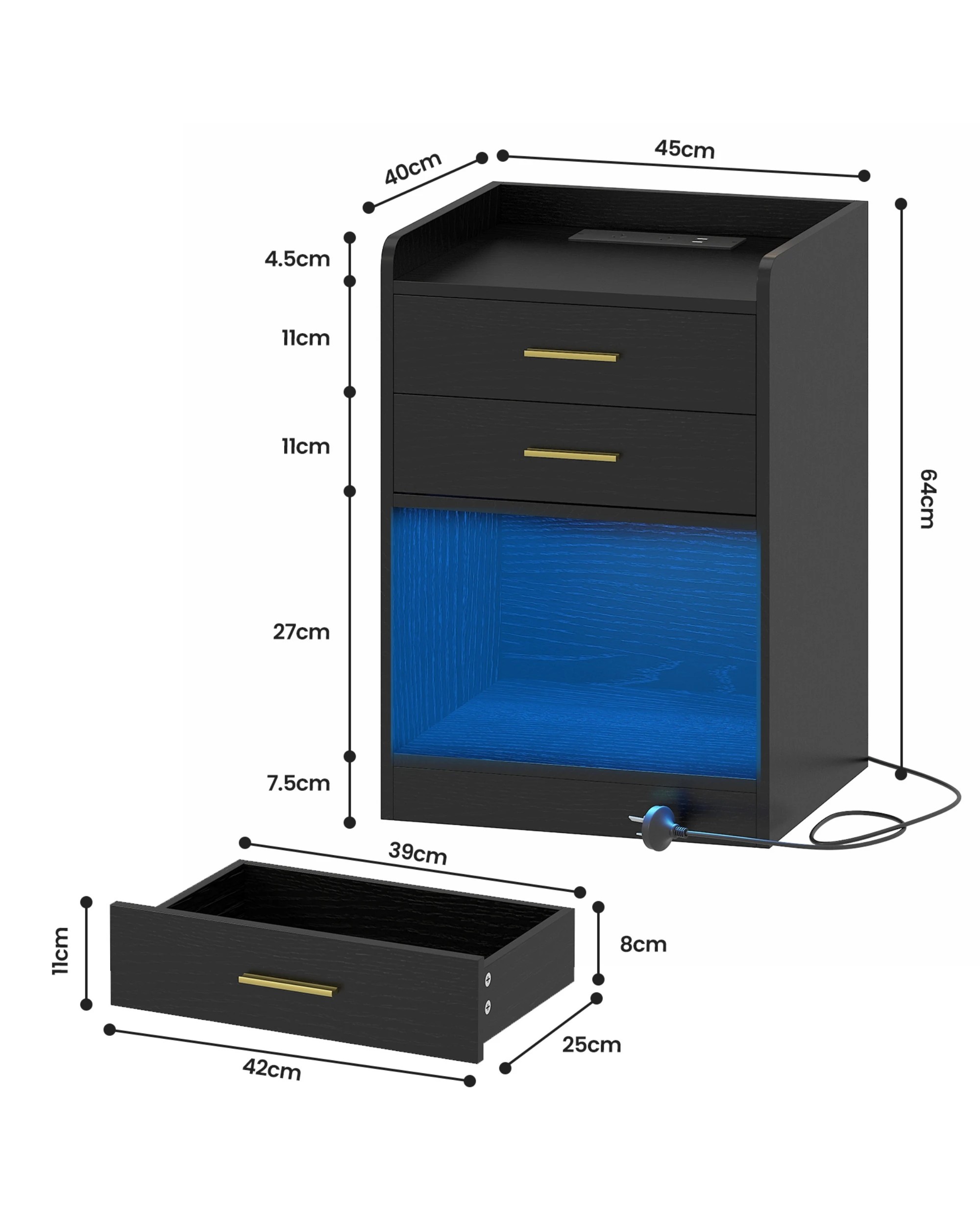 2 Advwin LED Bedside Table with Charging Station 2 Drawers Nightstand - Black, 2 of 7