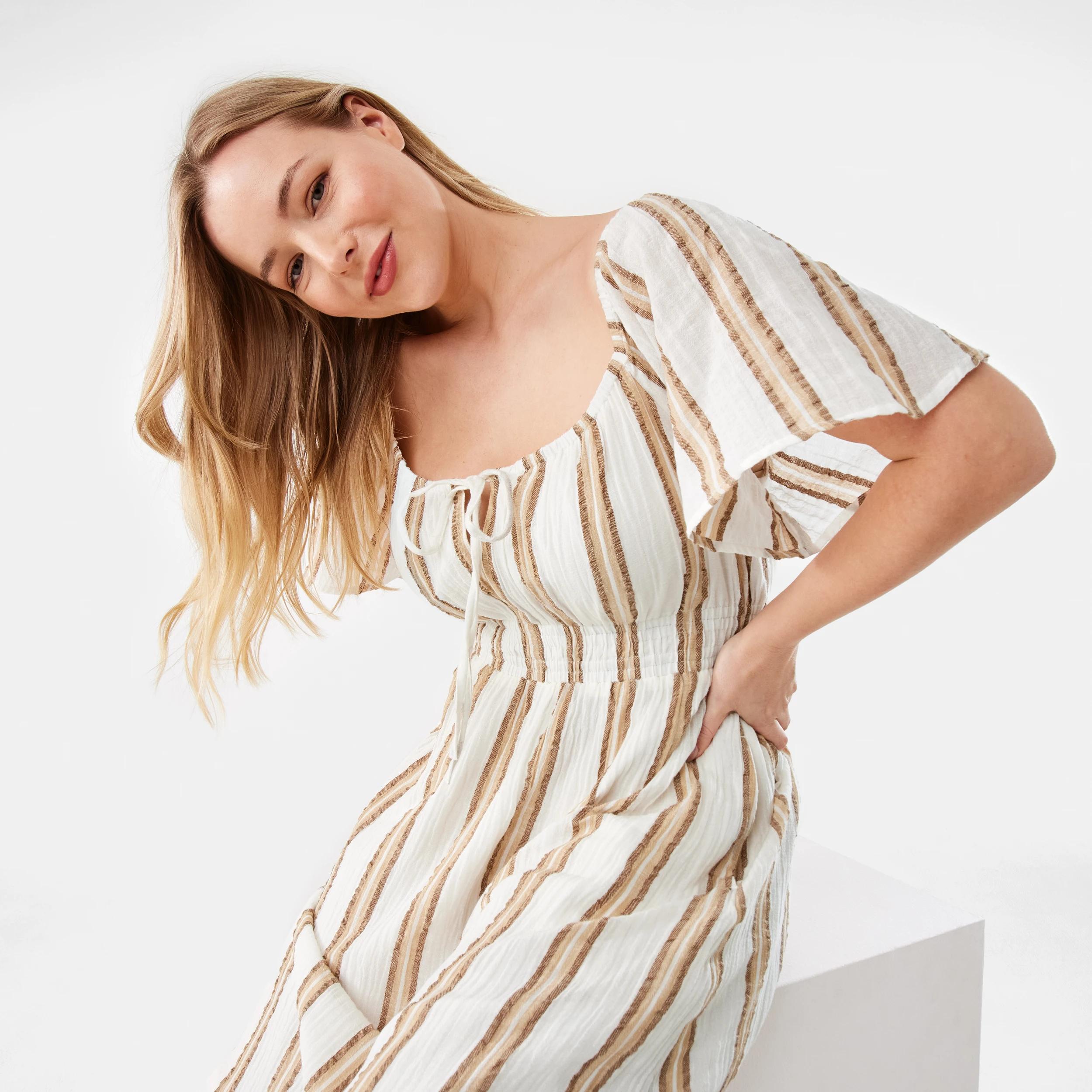 10 Short Sleeve Tie Front Midi Dress Beige Strp, 10 of 10