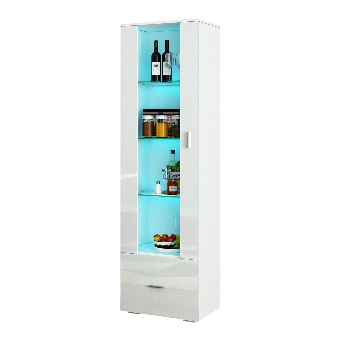6 AUSWAY 190cm Wood Tall Side Cabinet with Thick Glass Shelves 1 Drawer High Gloss Front White, 6 of 7