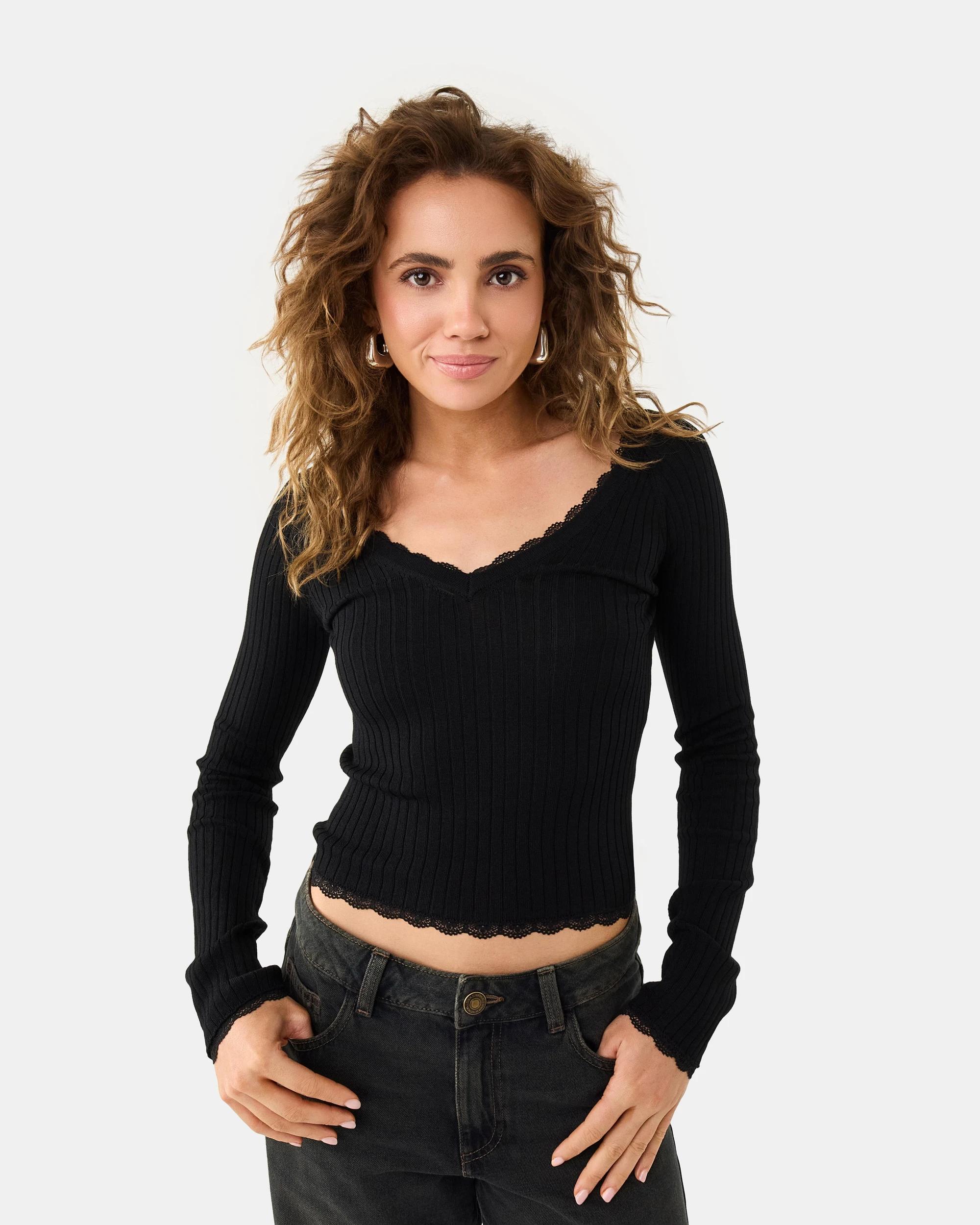 1 Long Sleeve True Knit Lace Detail Top Black, 1 of 9