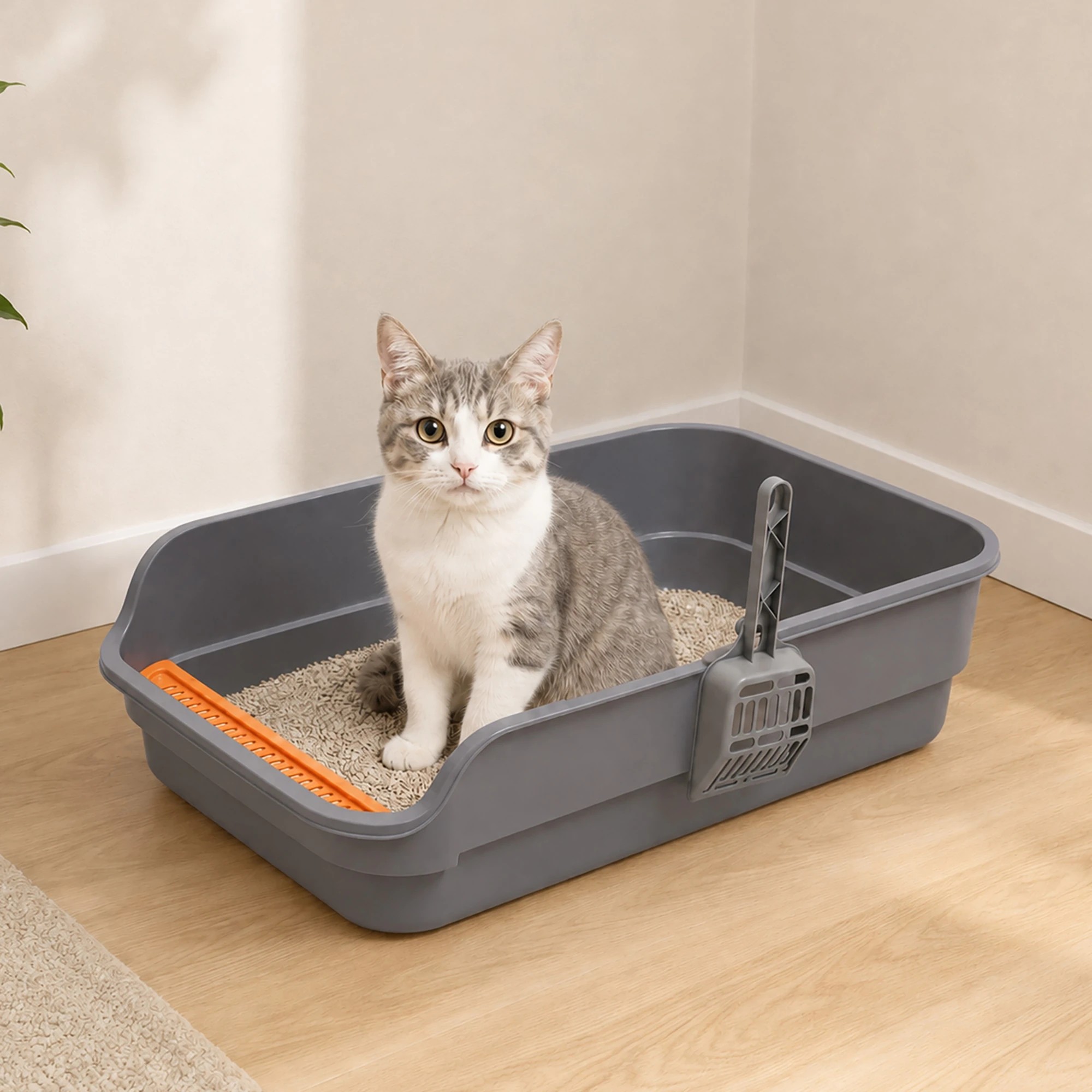 7 Pawz Large Cat Litter Box High Sided Open Top Cat Litter Tray 60cm Grey, 7 of 8