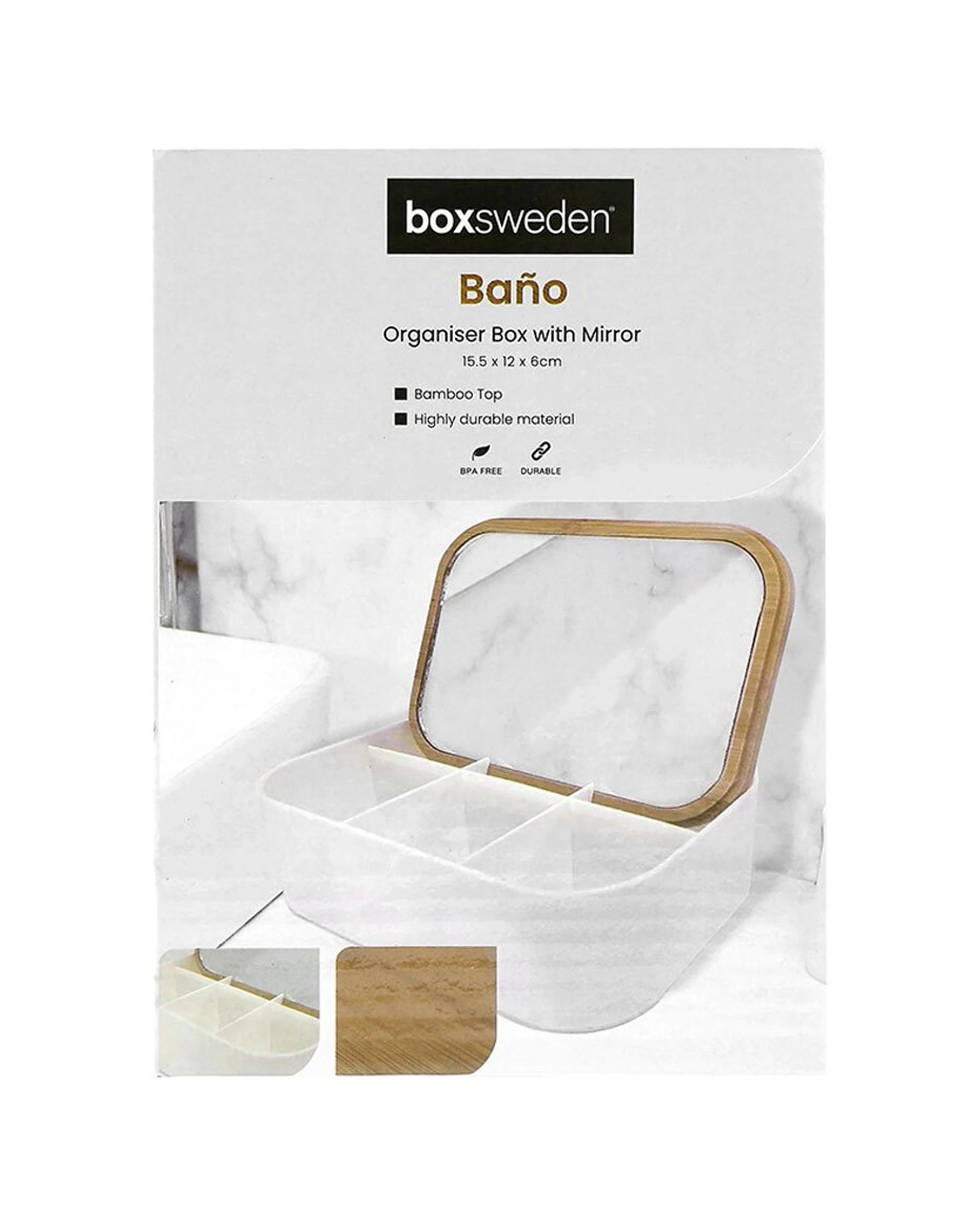 6 Boxsweden Bano Rectangle Organiser Box 15.5cm Bamboo Mirror Lid 2PK Six-Section - Natural, 6 of 6