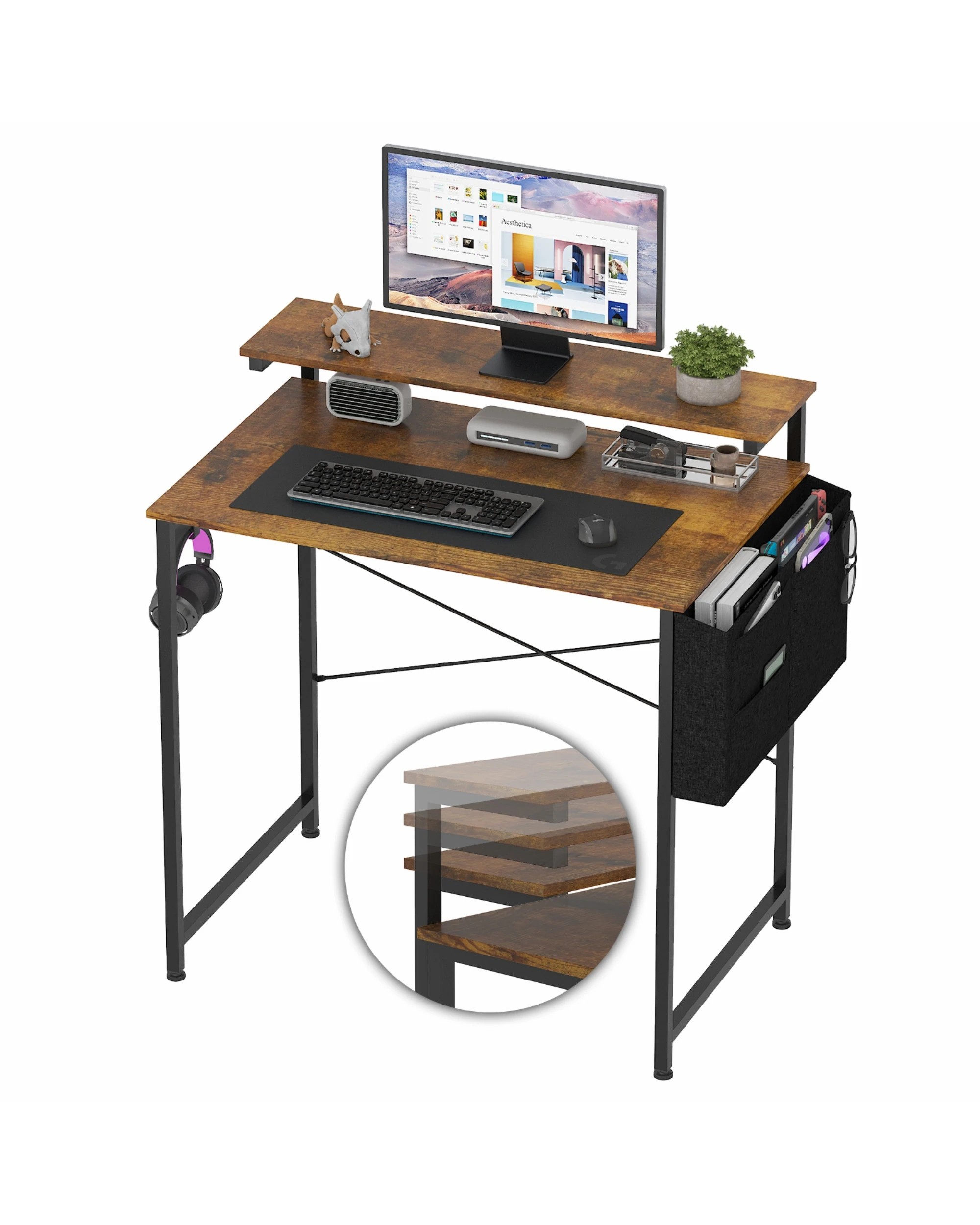 1 Advwin 80cm Small Computer Desk with Adjustable Monitor Stand and Storage Bag, 1 of 10
