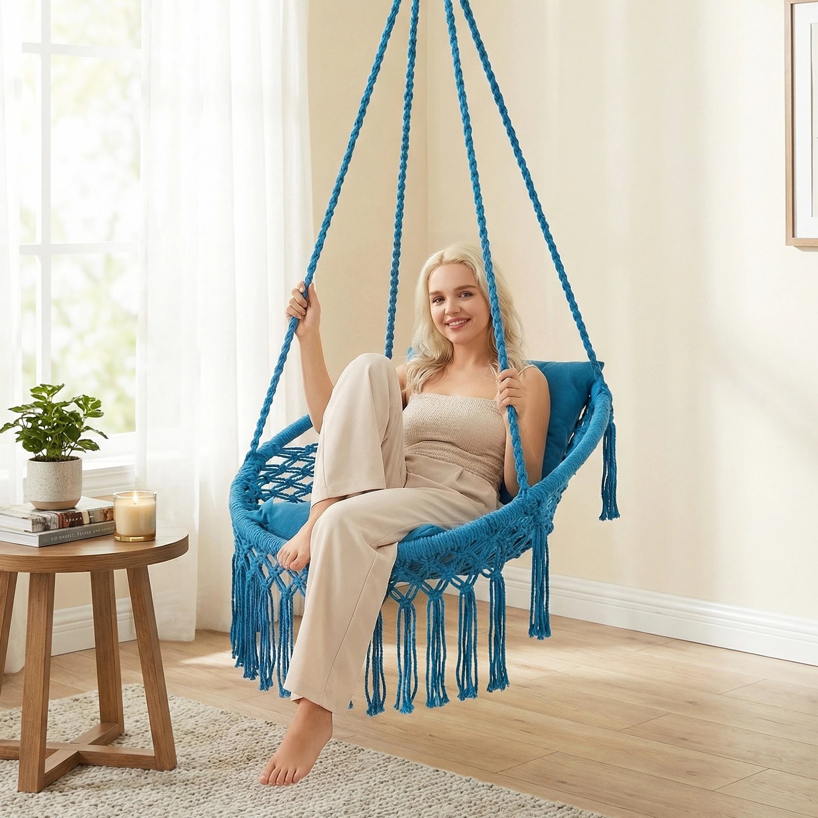 4 Costway Macrame Swing Chair Boho Rope Hanging Hammock Chair - Blue, 4 of 4