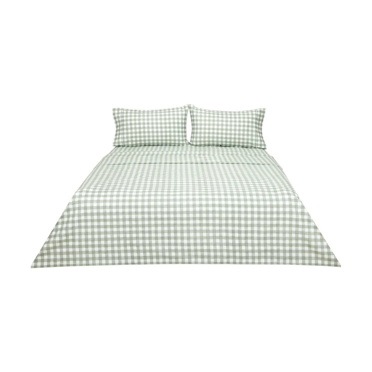 6 Gingham Flannelette Cotton Sheet Set - Double Bed, Green, 6 of 7