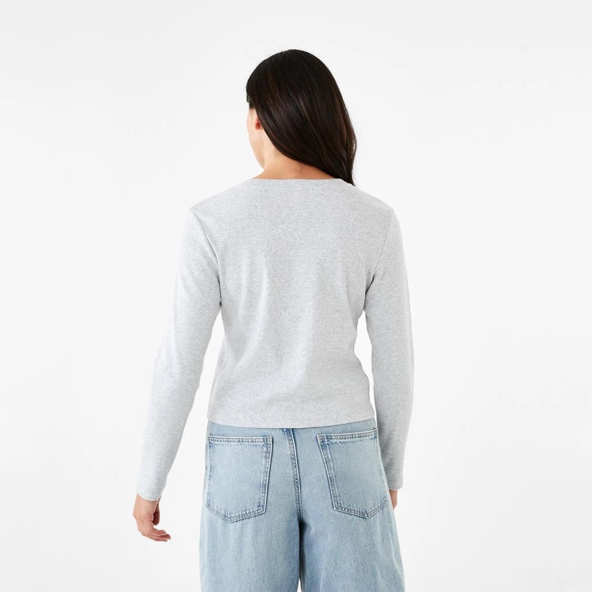 3 Long Sleeve Rib Button Front Top Slvr Marle, 3 of 5